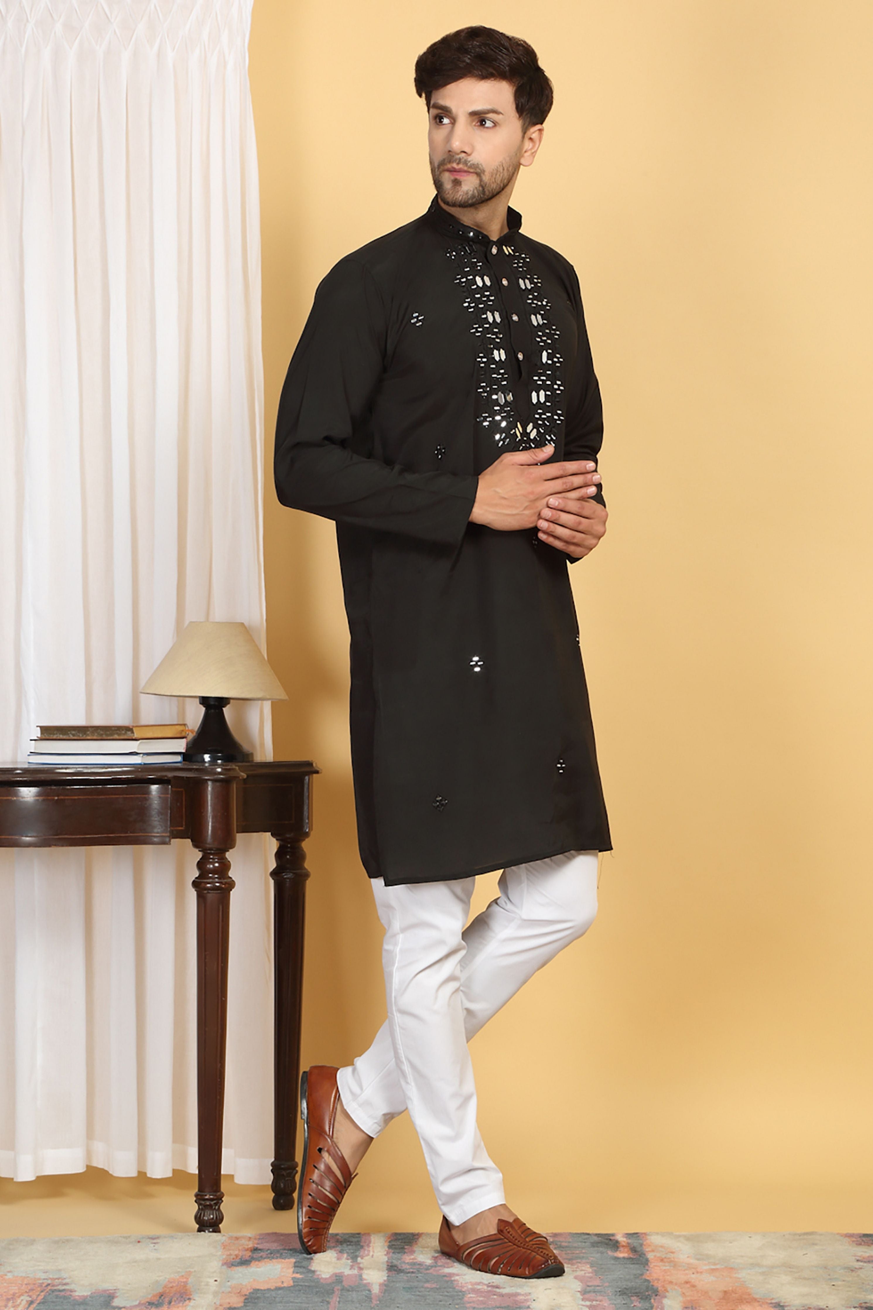 Rajat Black Mirror Embroidery Work Kurta Set