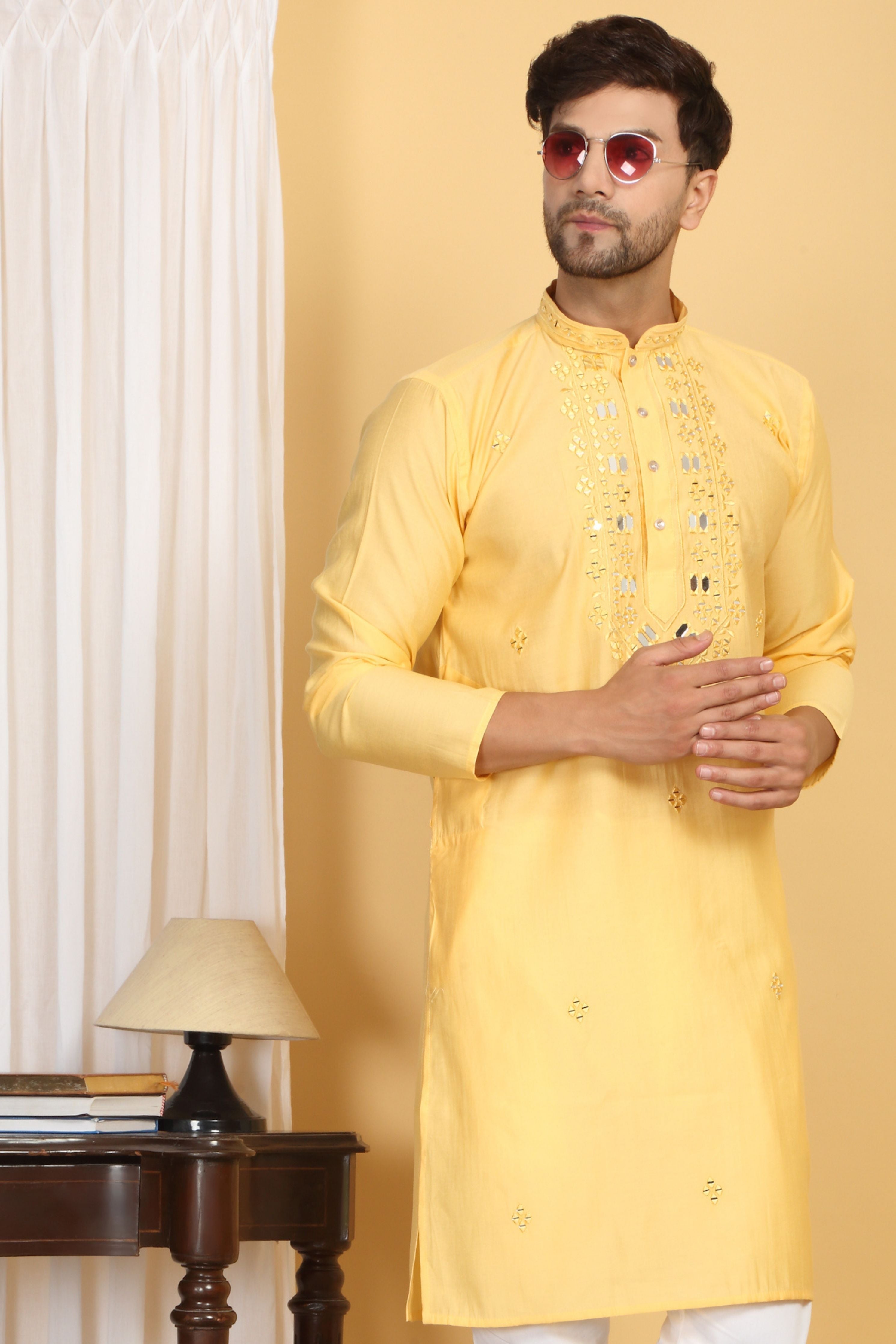 Rajat Yellow Mirror Embroidery Work Kurta Set