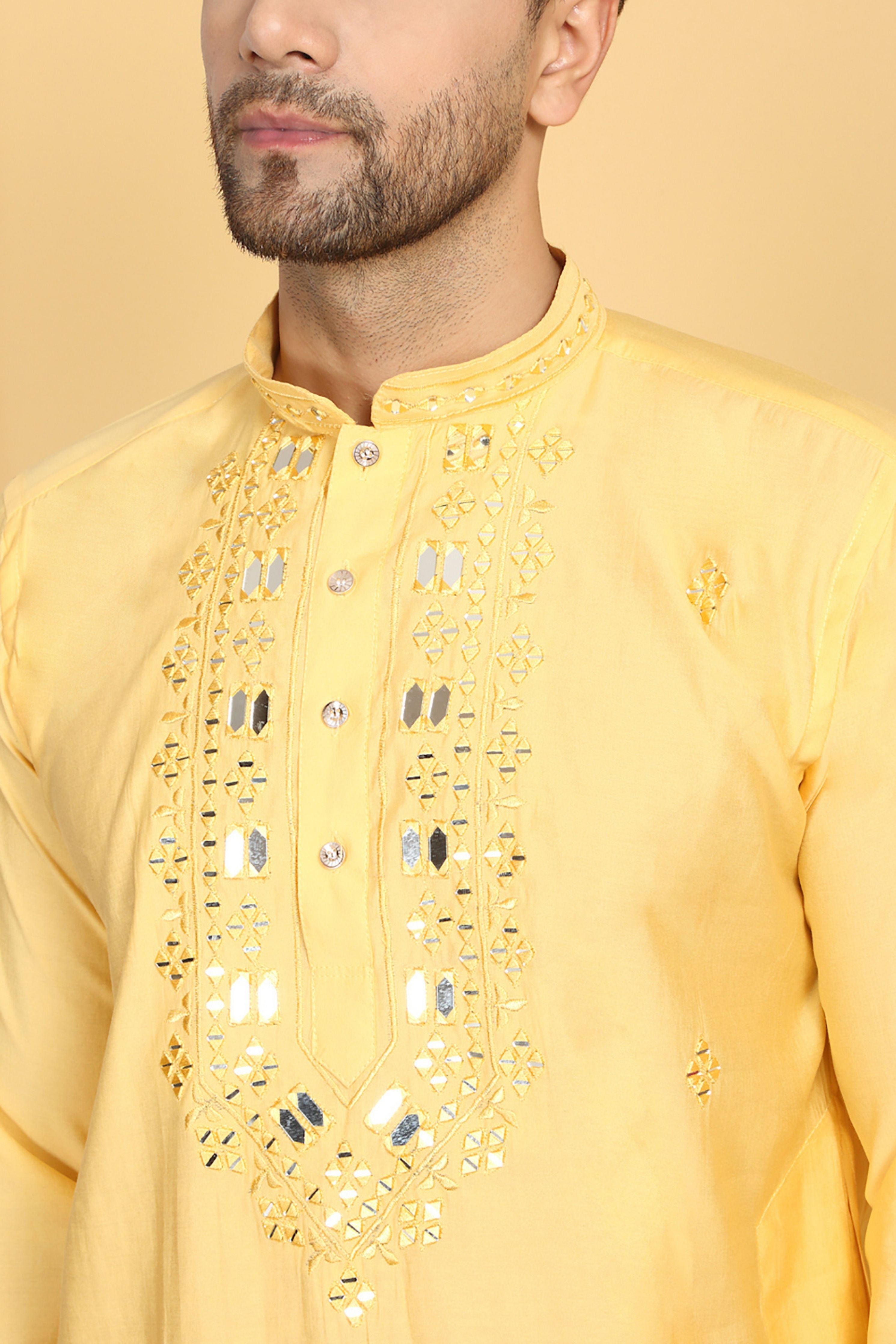 Rajat Yellow Mirror Embroidery Work Kurta Set