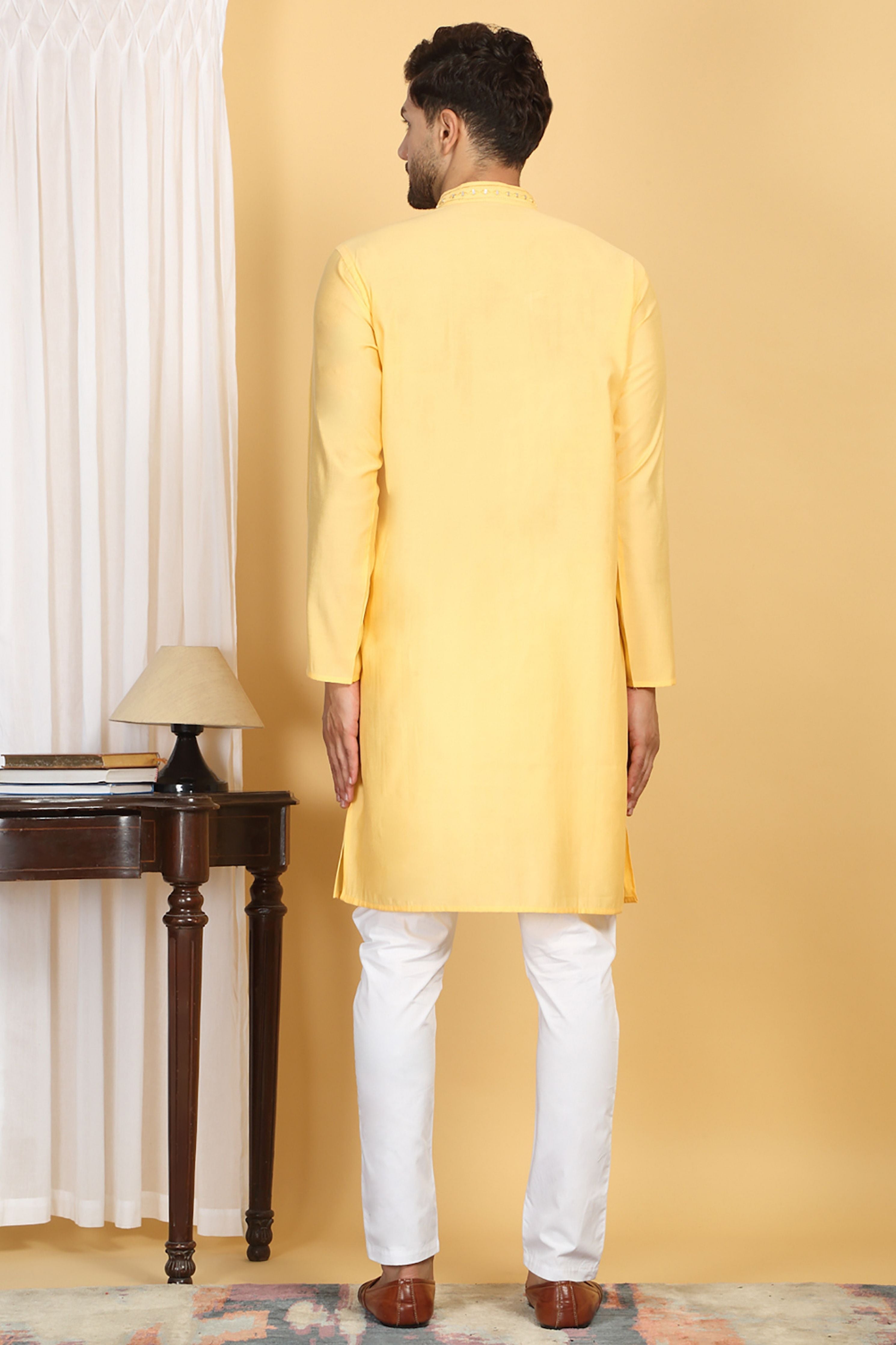 Rajat Yellow Mirror Embroidery Work Kurta Set