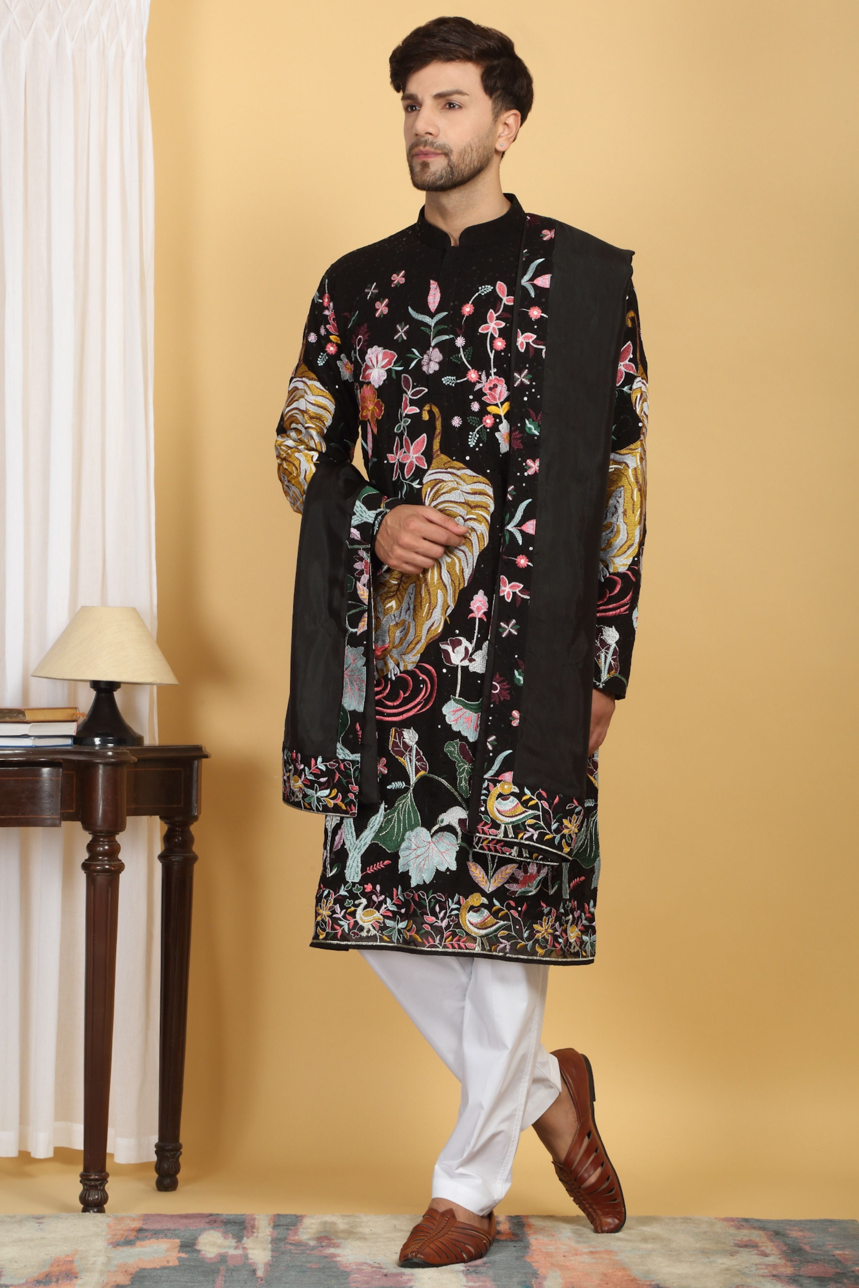 Forest Tiger Landscape  Embroidered Kurta Set
