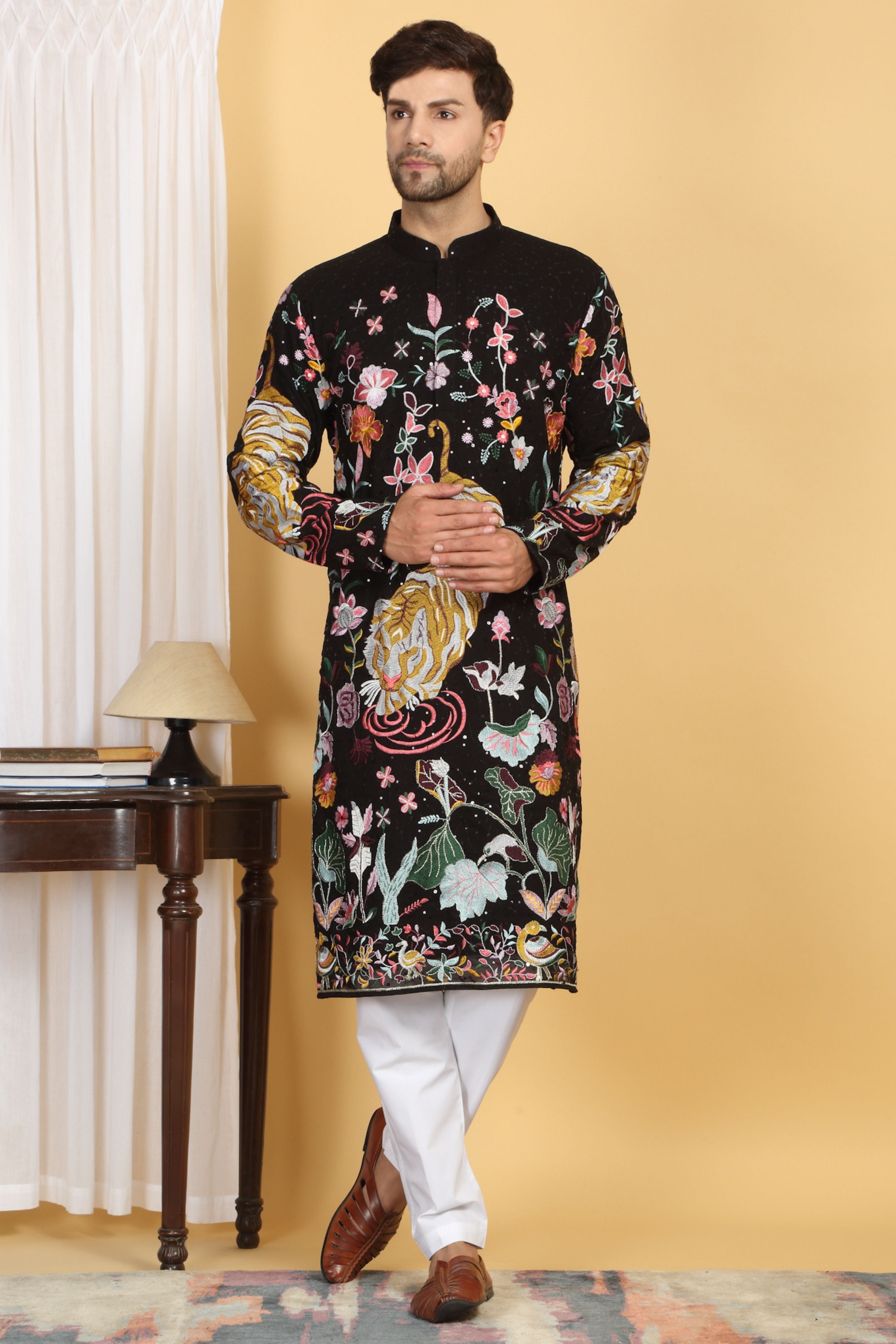 Forest Tiger Landscape  Embroidered Kurta Set