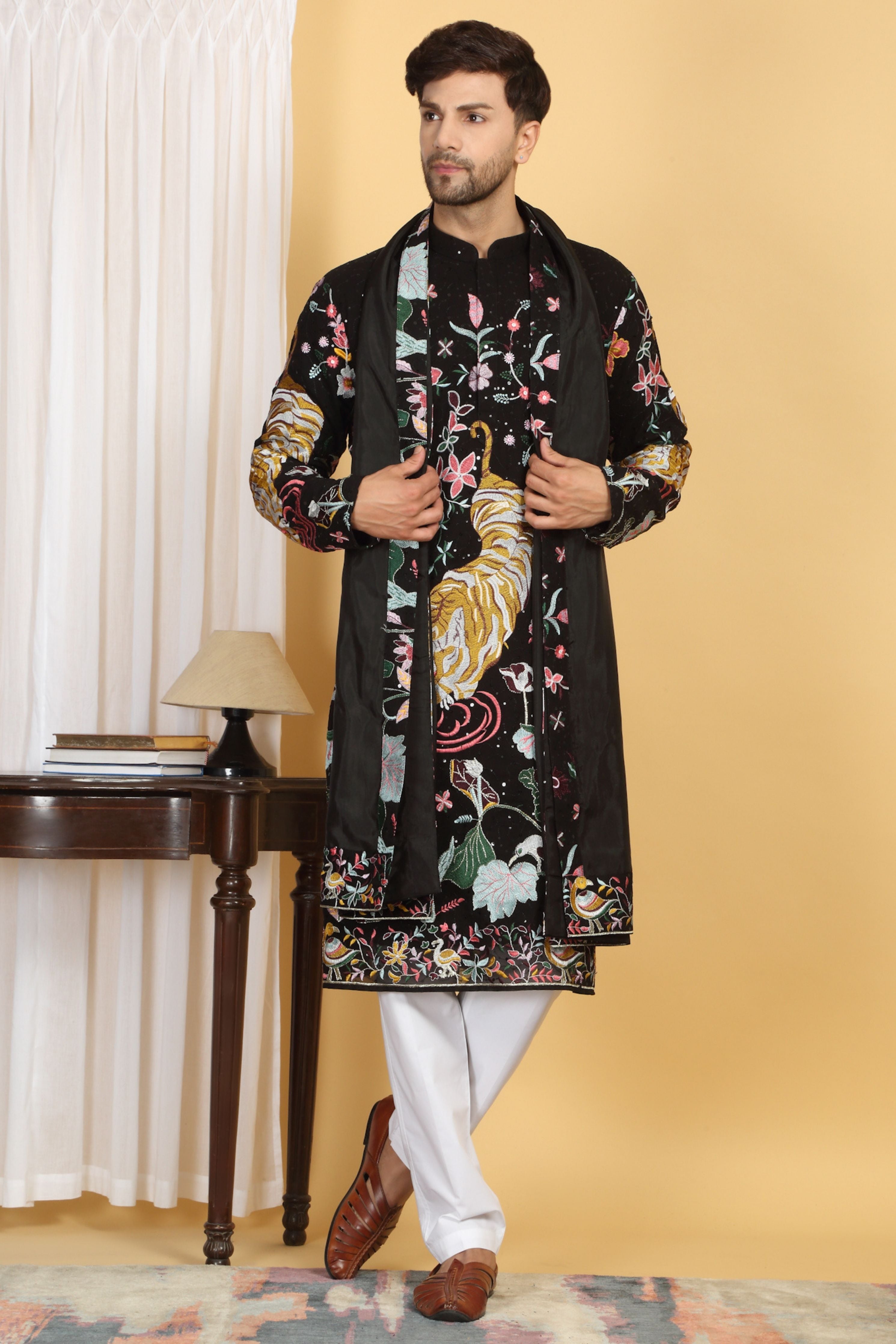 Forest Tiger Landscape  Embroidered Kurta Set