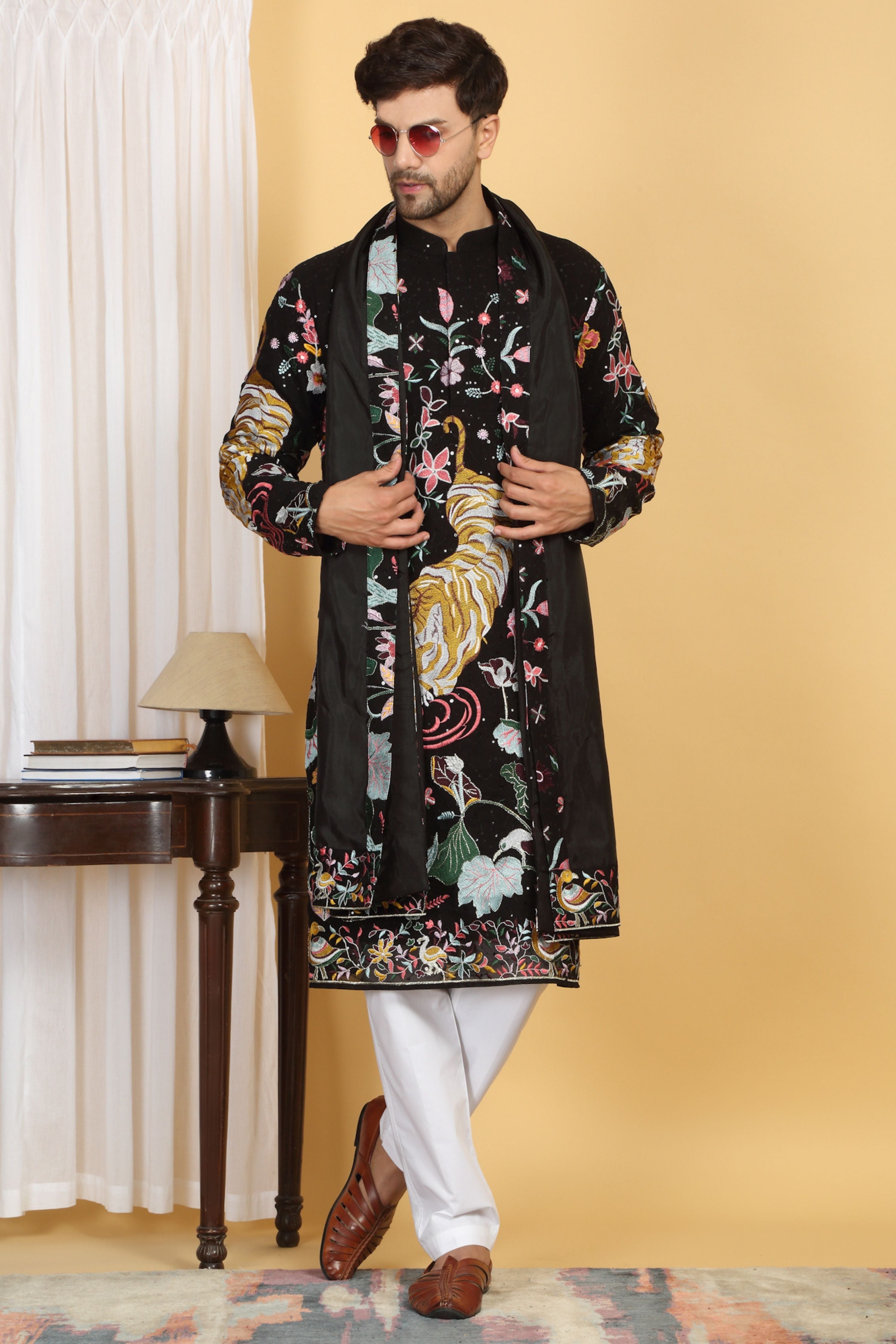 Forest Tiger Landscape  Embroidered Kurta Set