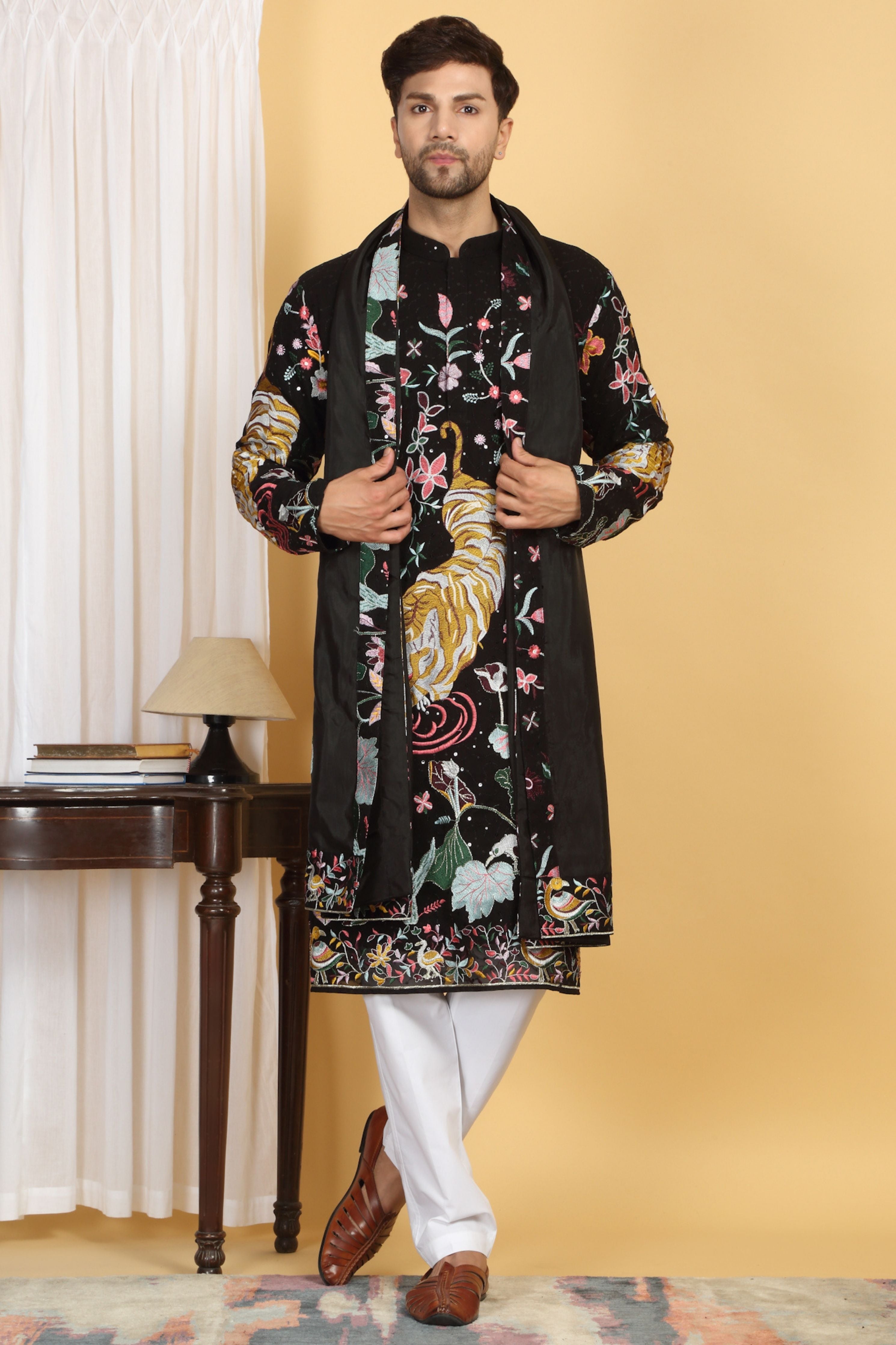 Forest Tiger Landscape  Embroidered Kurta Set