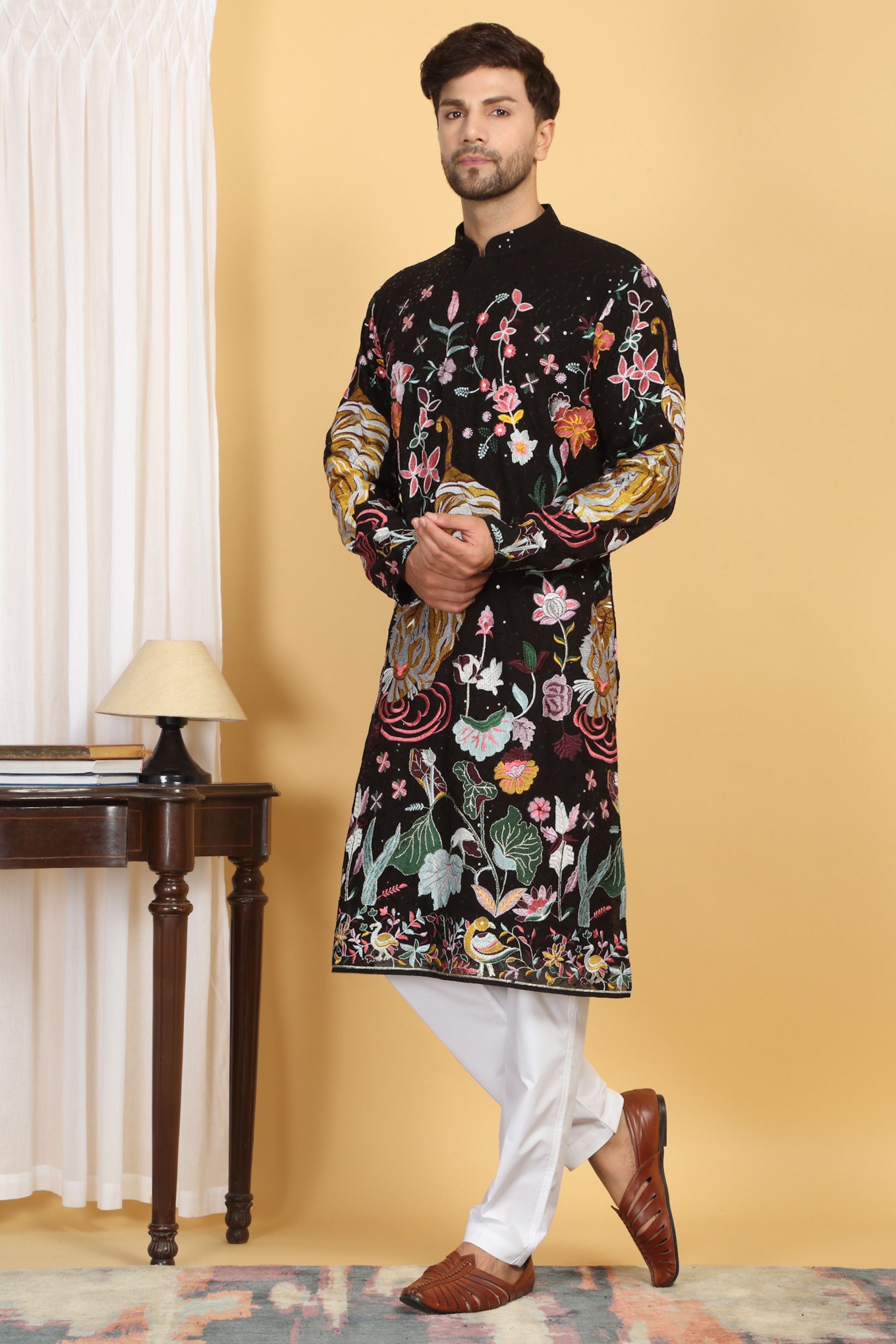 Forest Tiger Landscape  Embroidered Kurta Set