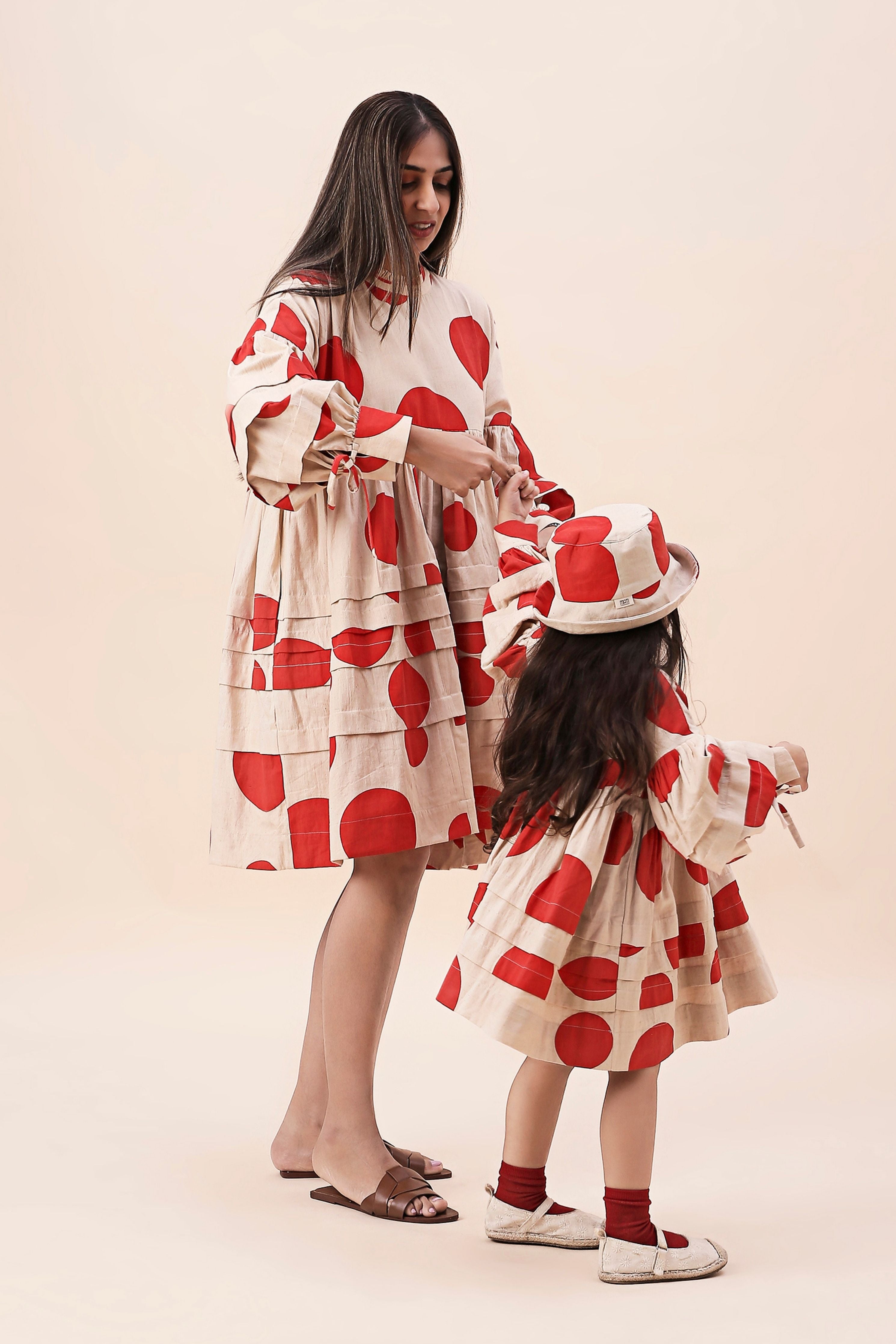 Red Hand Block Printed Polka Avira Dress