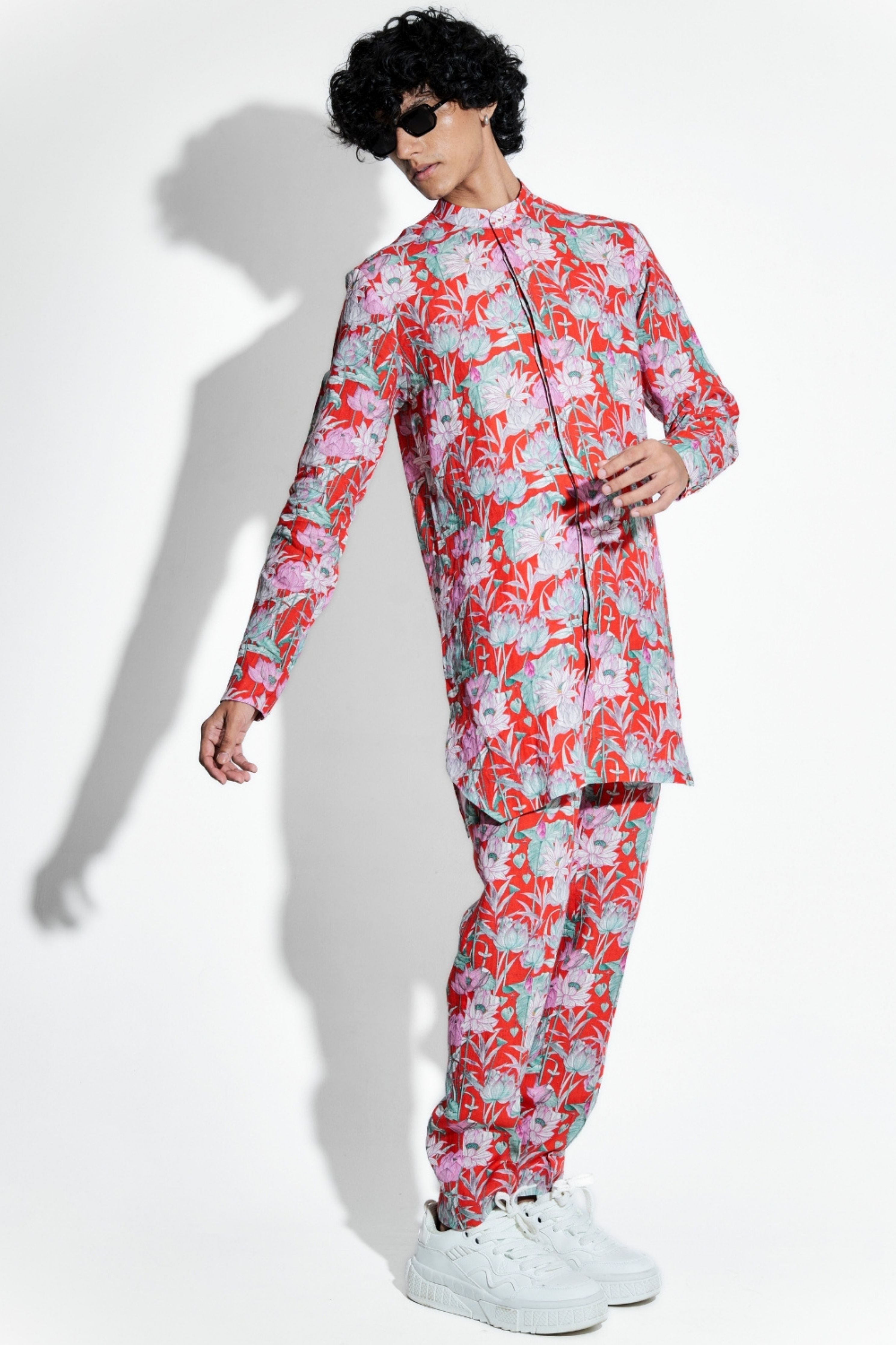 Red Lotus Printed Linen Coord Set