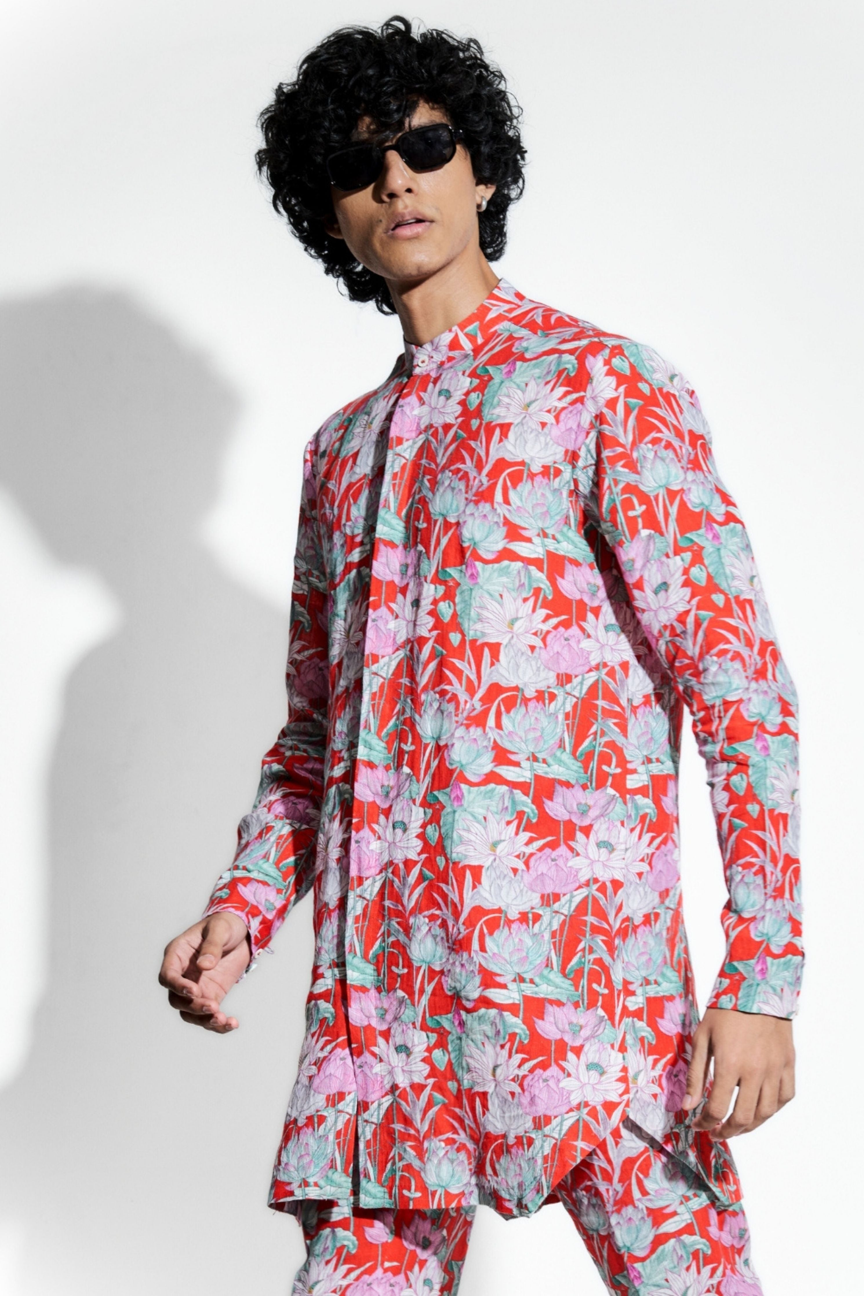Red Lotus Printed Linen Coord Set