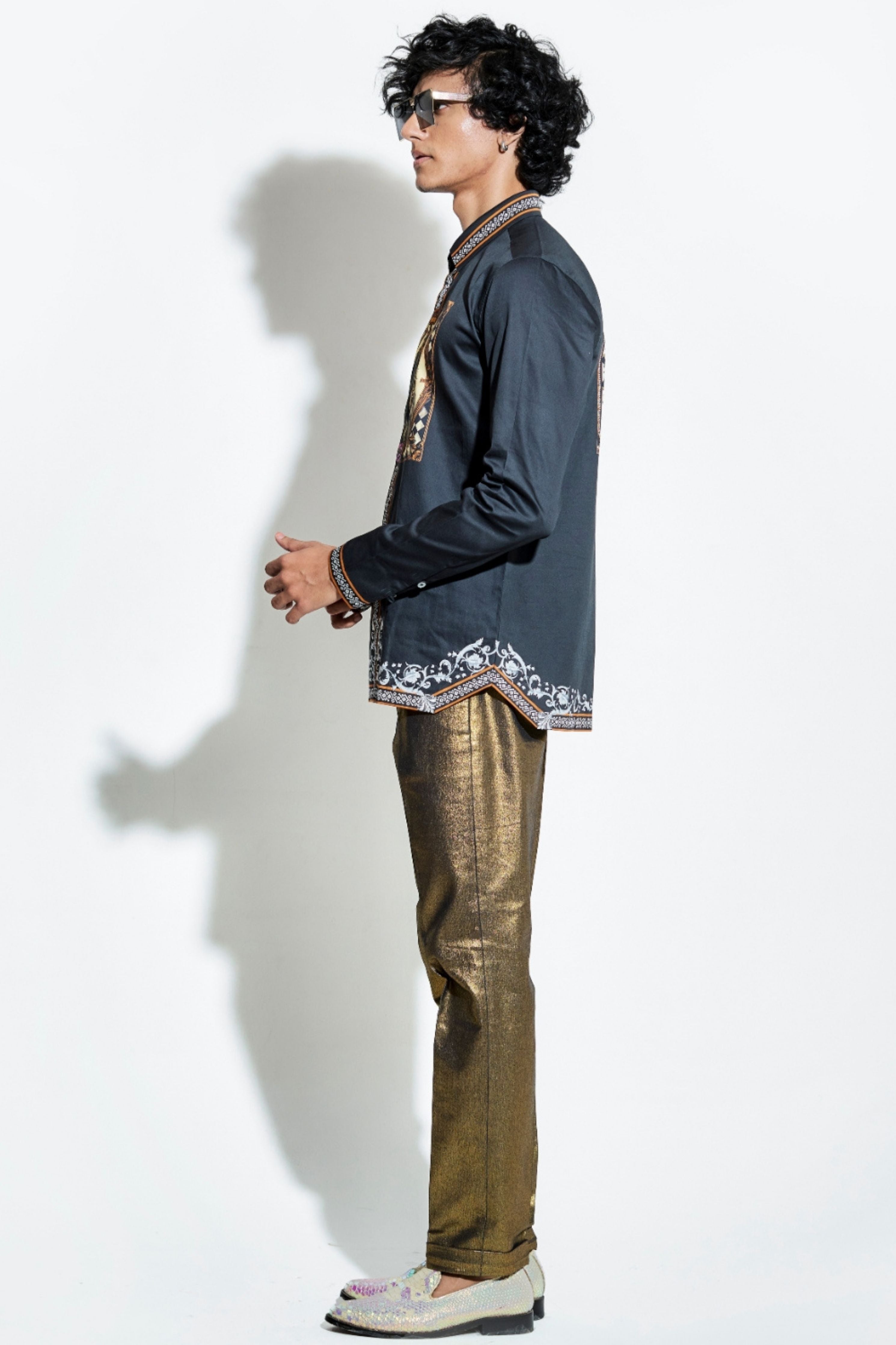 Lion Taash Printed Black Shirt