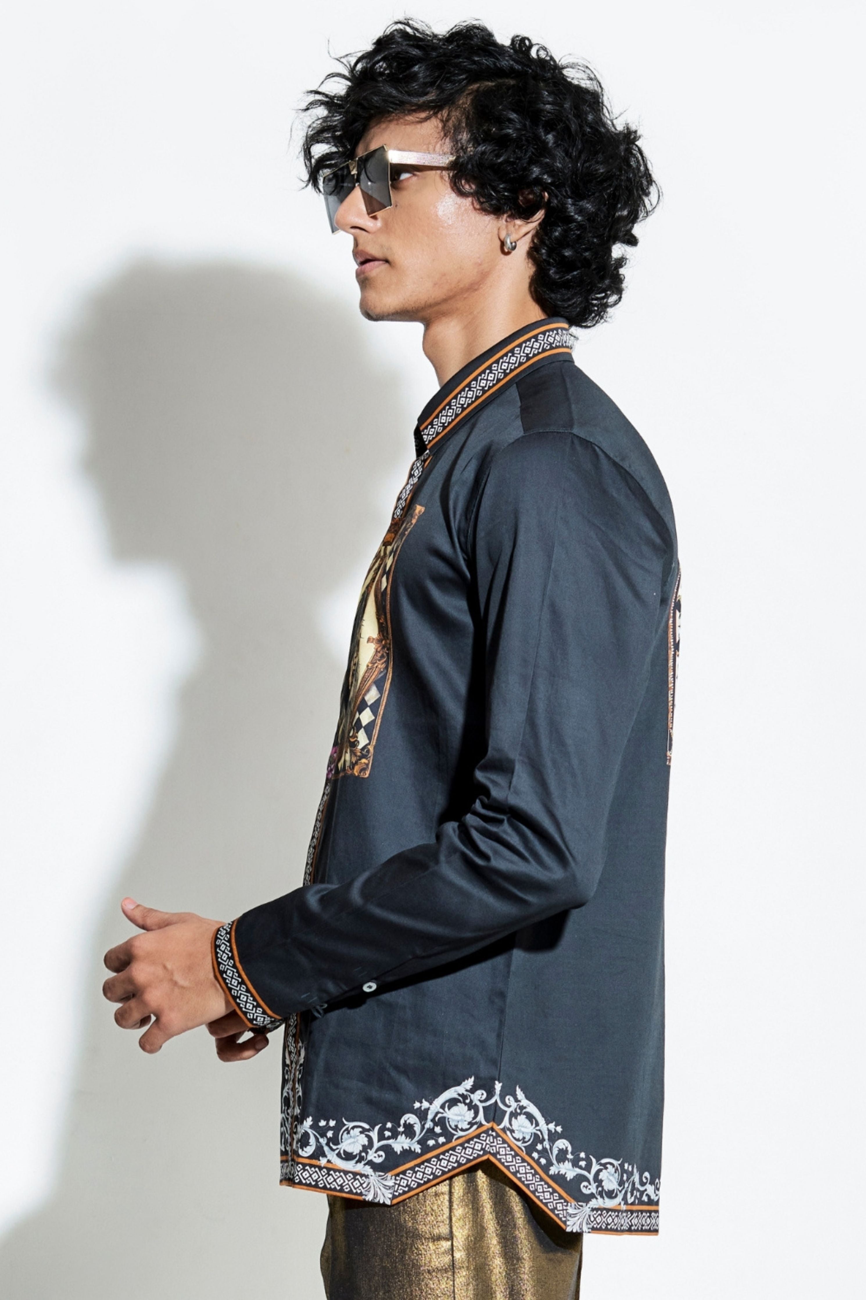 Lion Taash Printed Black Shirt