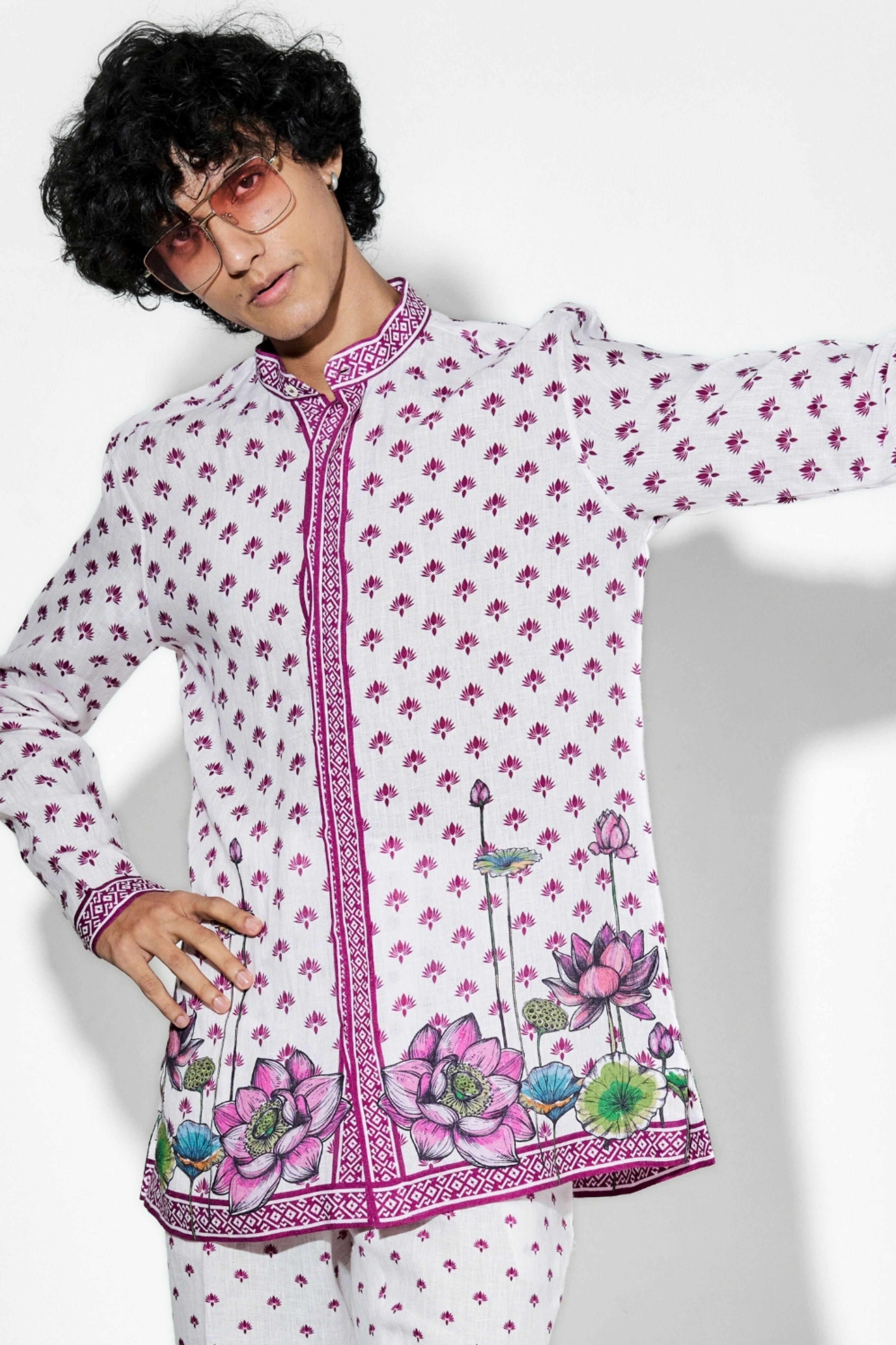 Nelumbo Pink Linen Printed Shirt