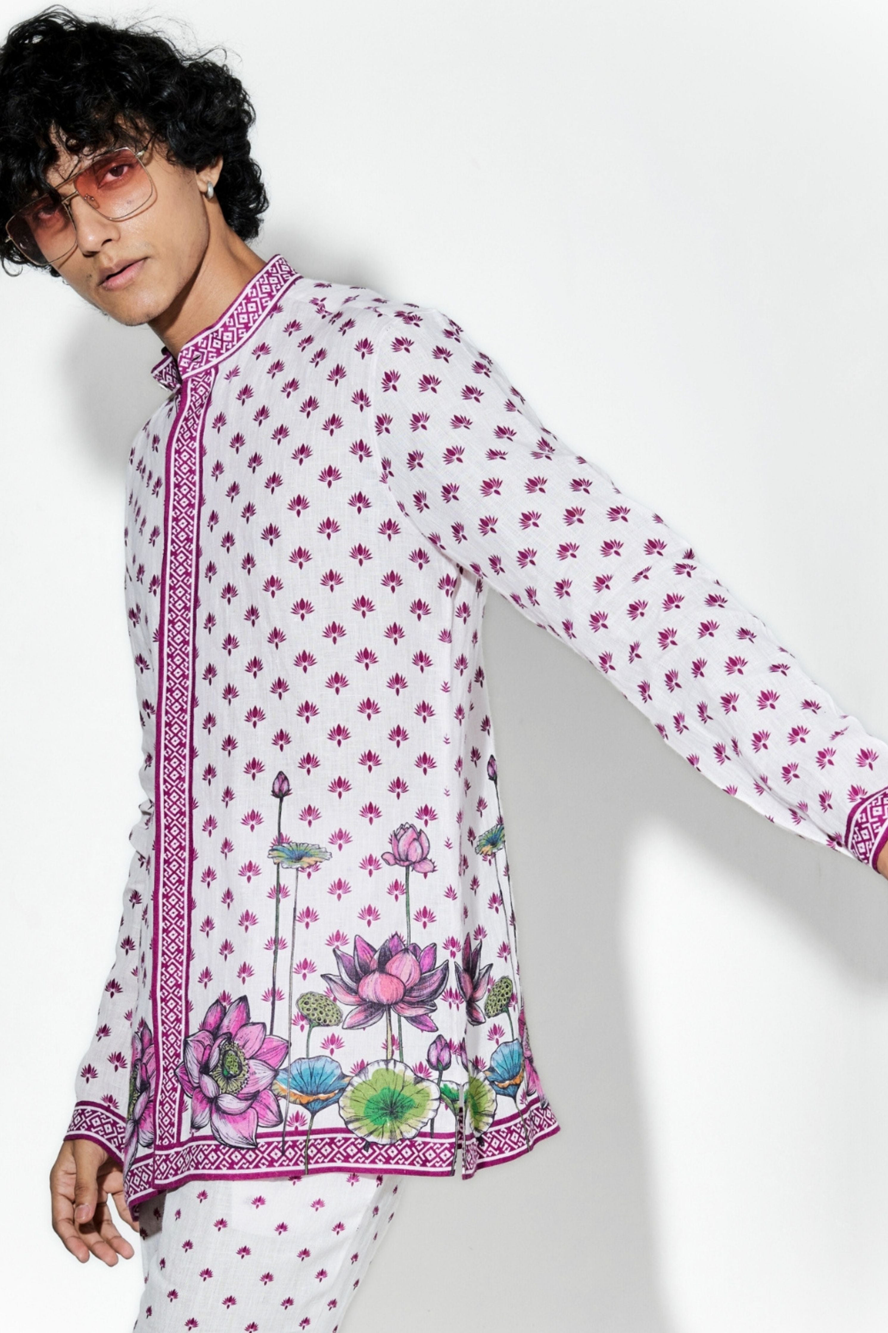 Nelumbo Pink Linen Printed Shirt