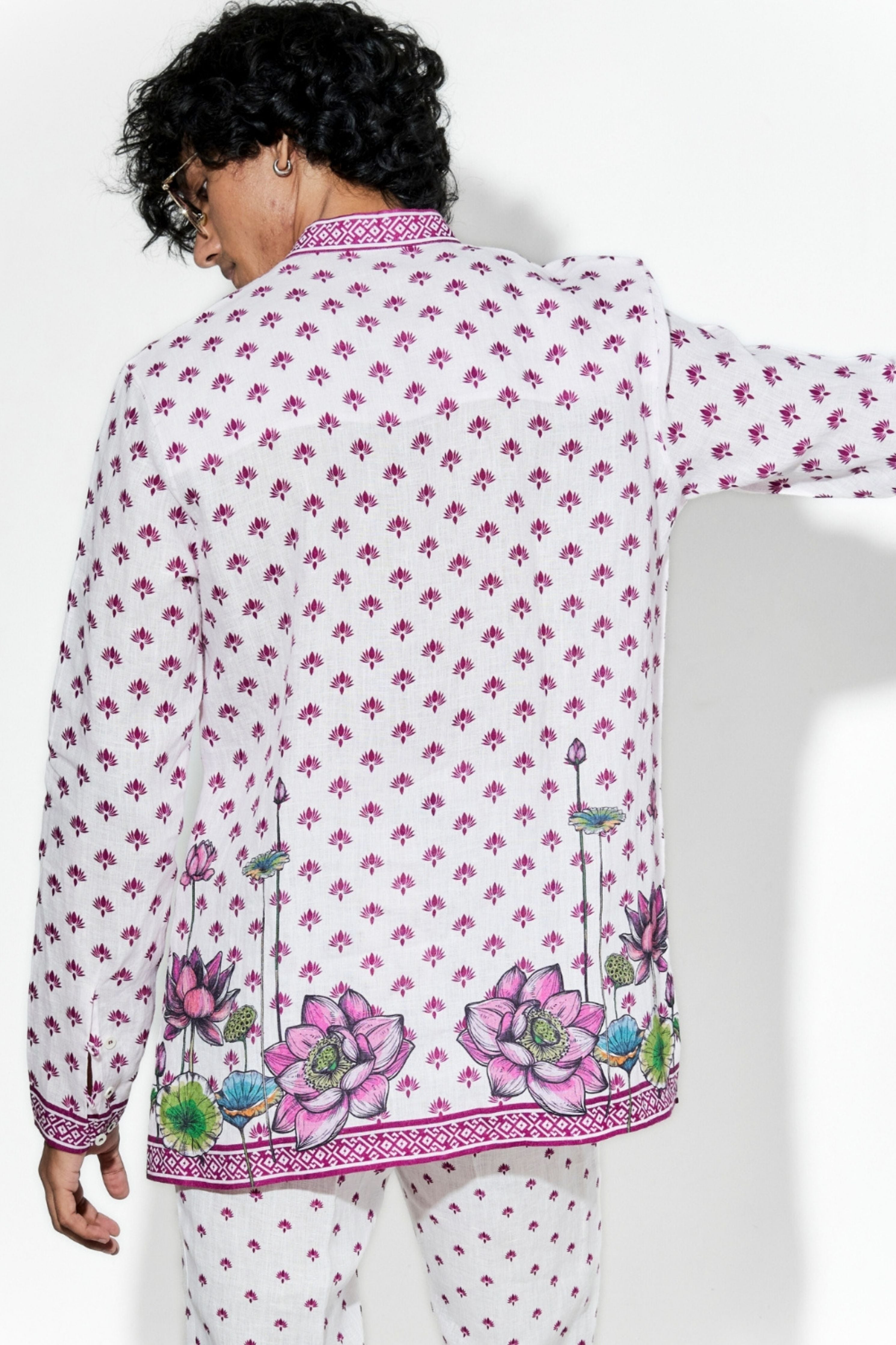 Nelumbo Pink Linen Printed Shirt