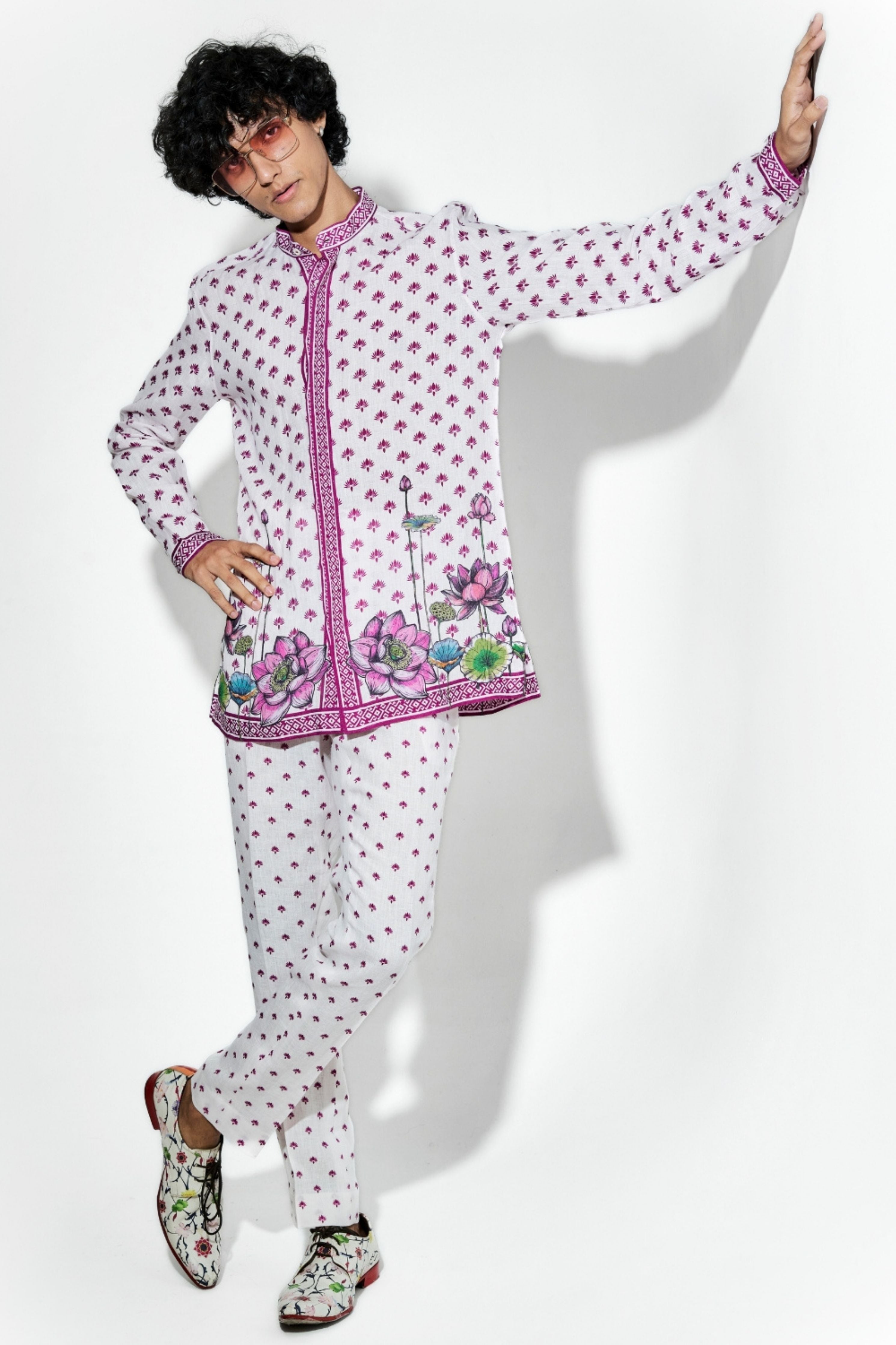 Nelumbo Pink Linen Printed Shirt