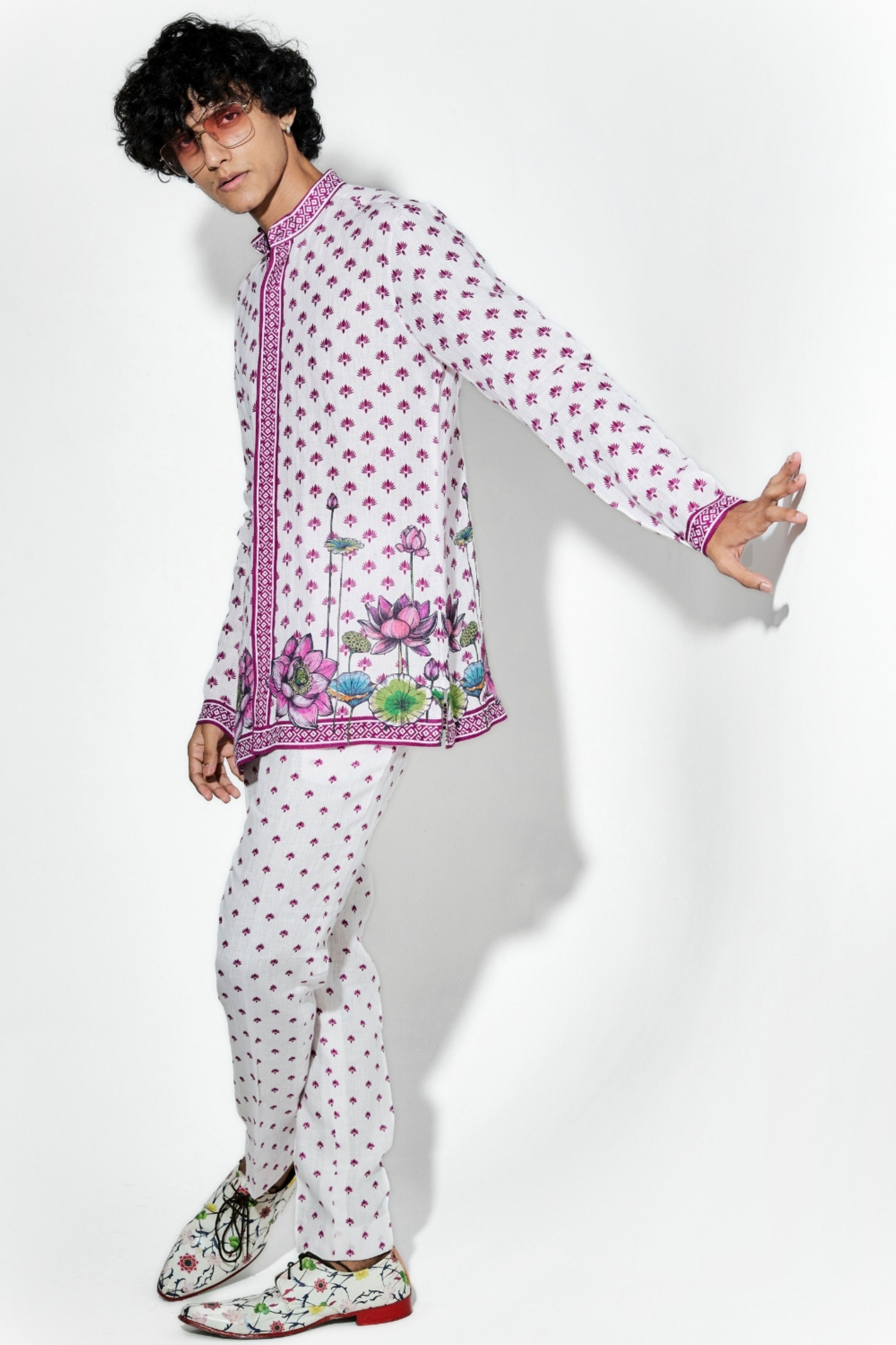 Nelumbo Pink Linen Printed Shirt