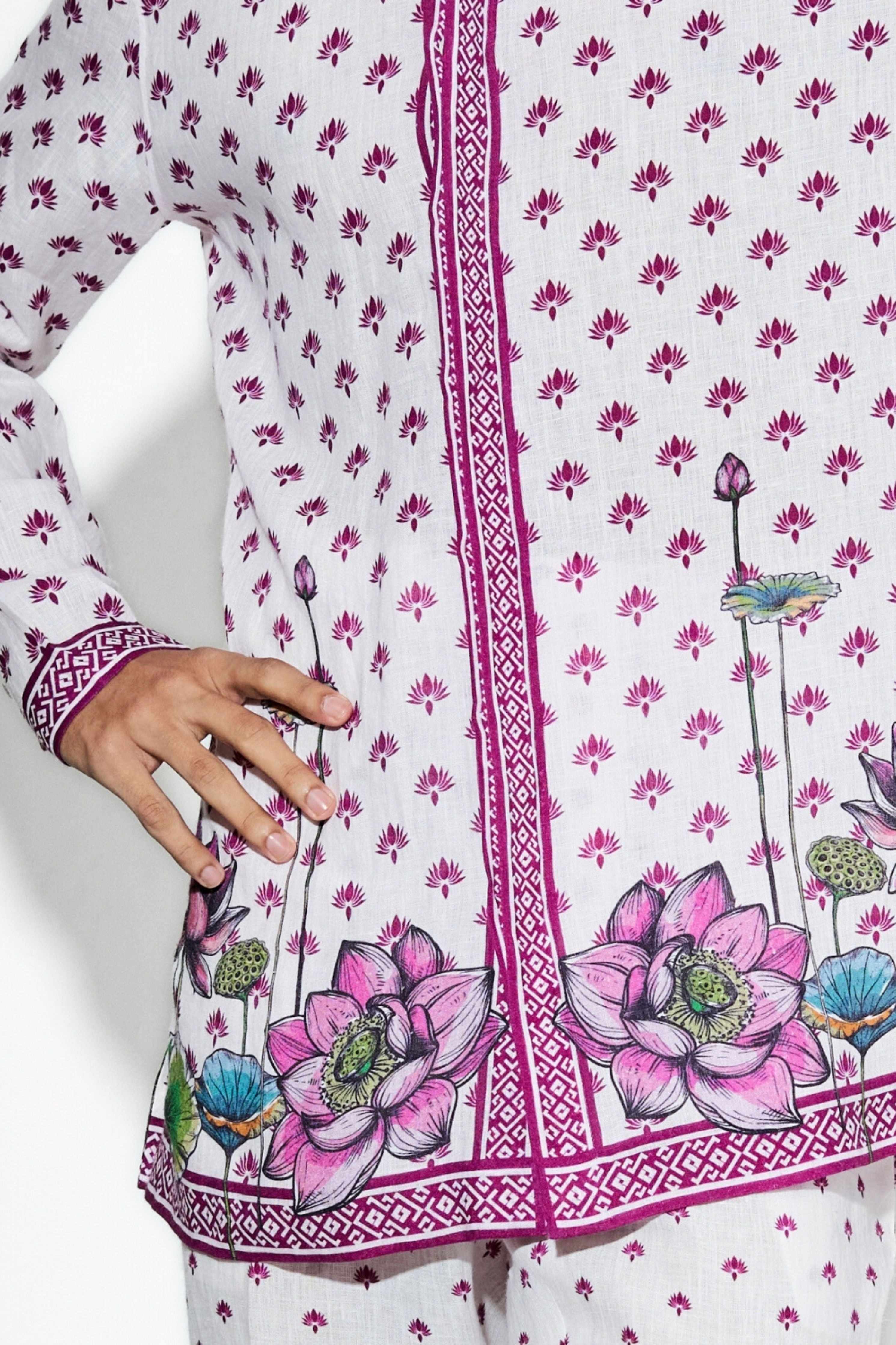 Nelumbo Pink Linen Printed Shirt