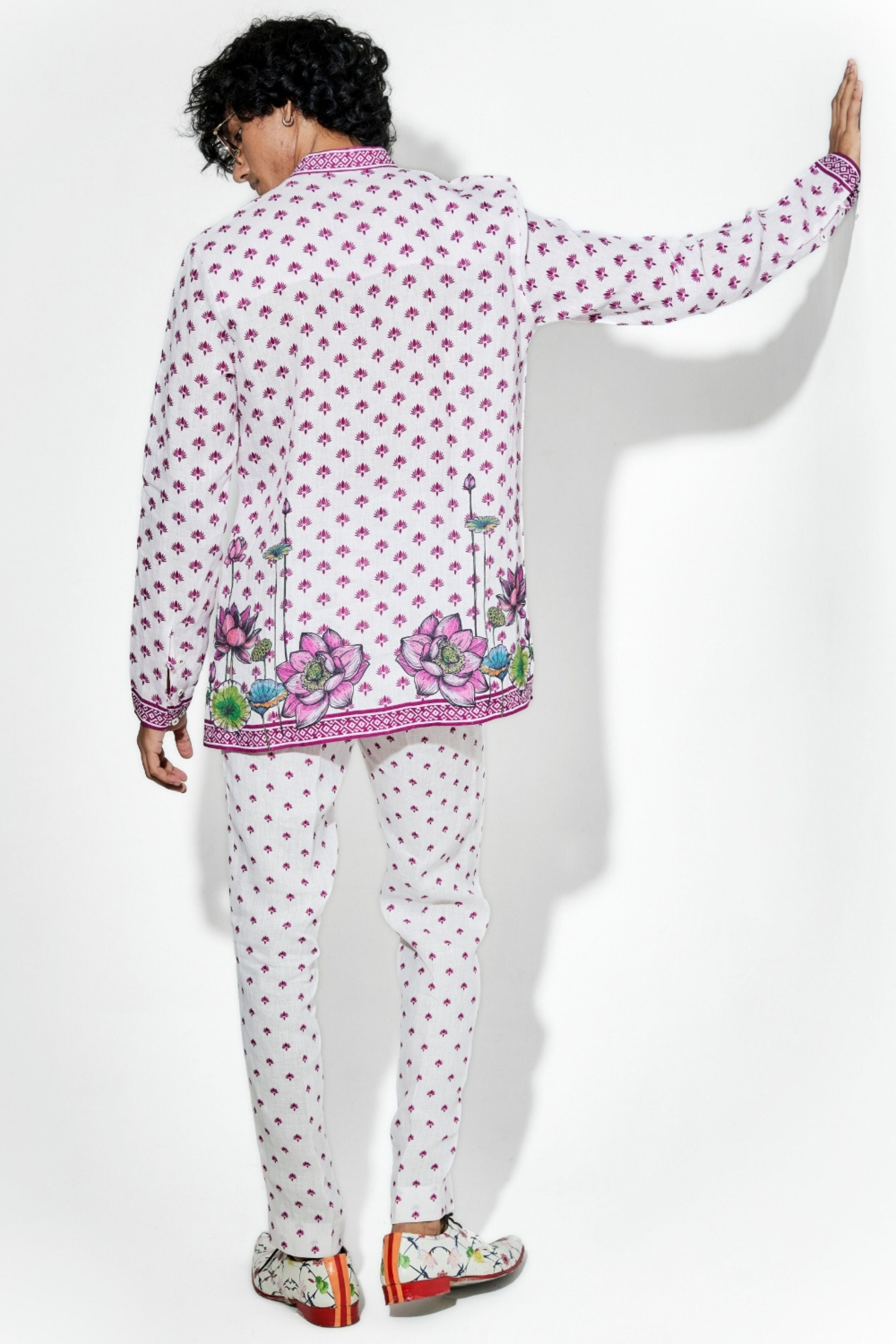 Nelumbo Pink Linen Printed Shirt