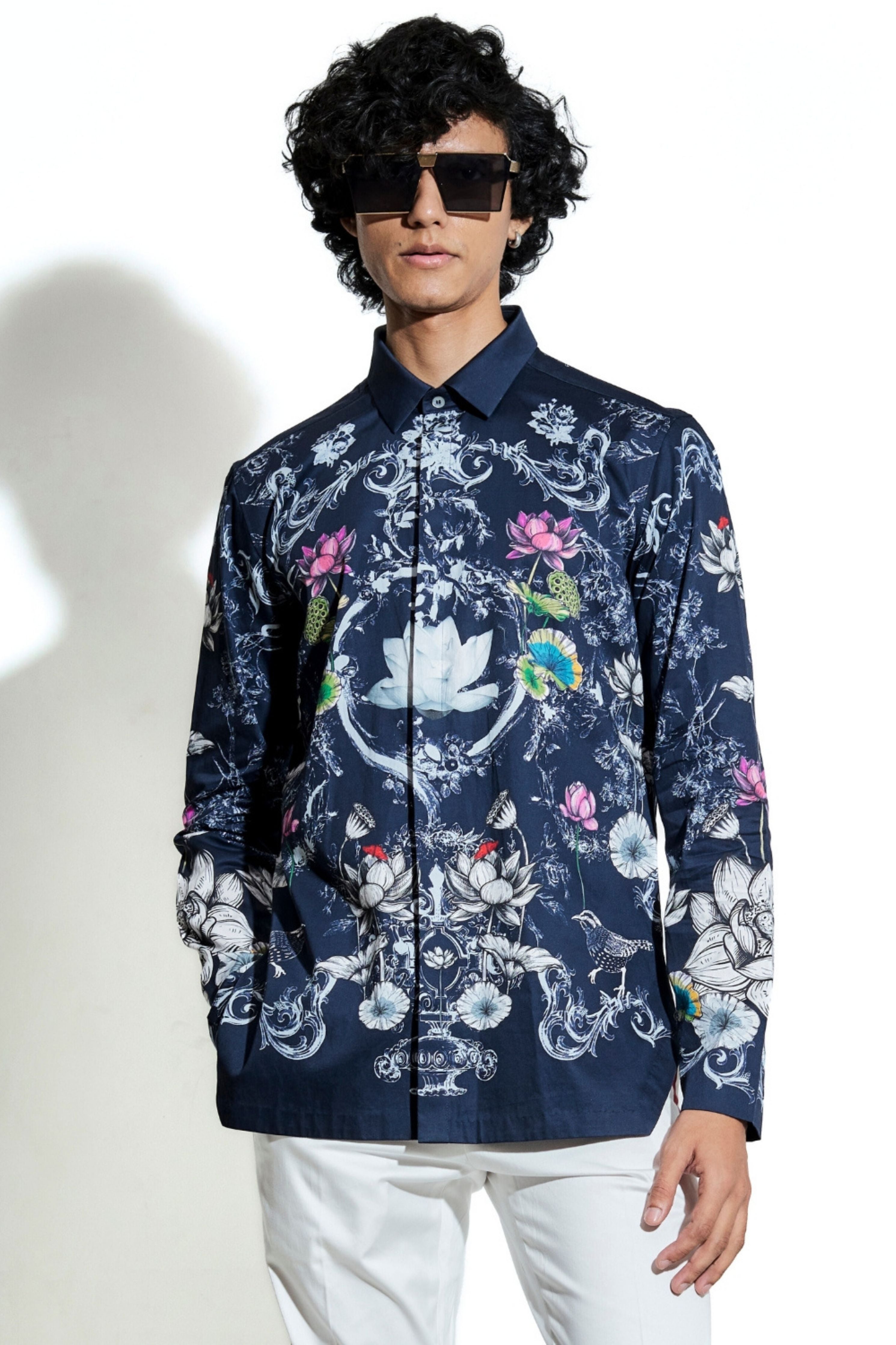 Navy Bloom Engineered Printed Shirt