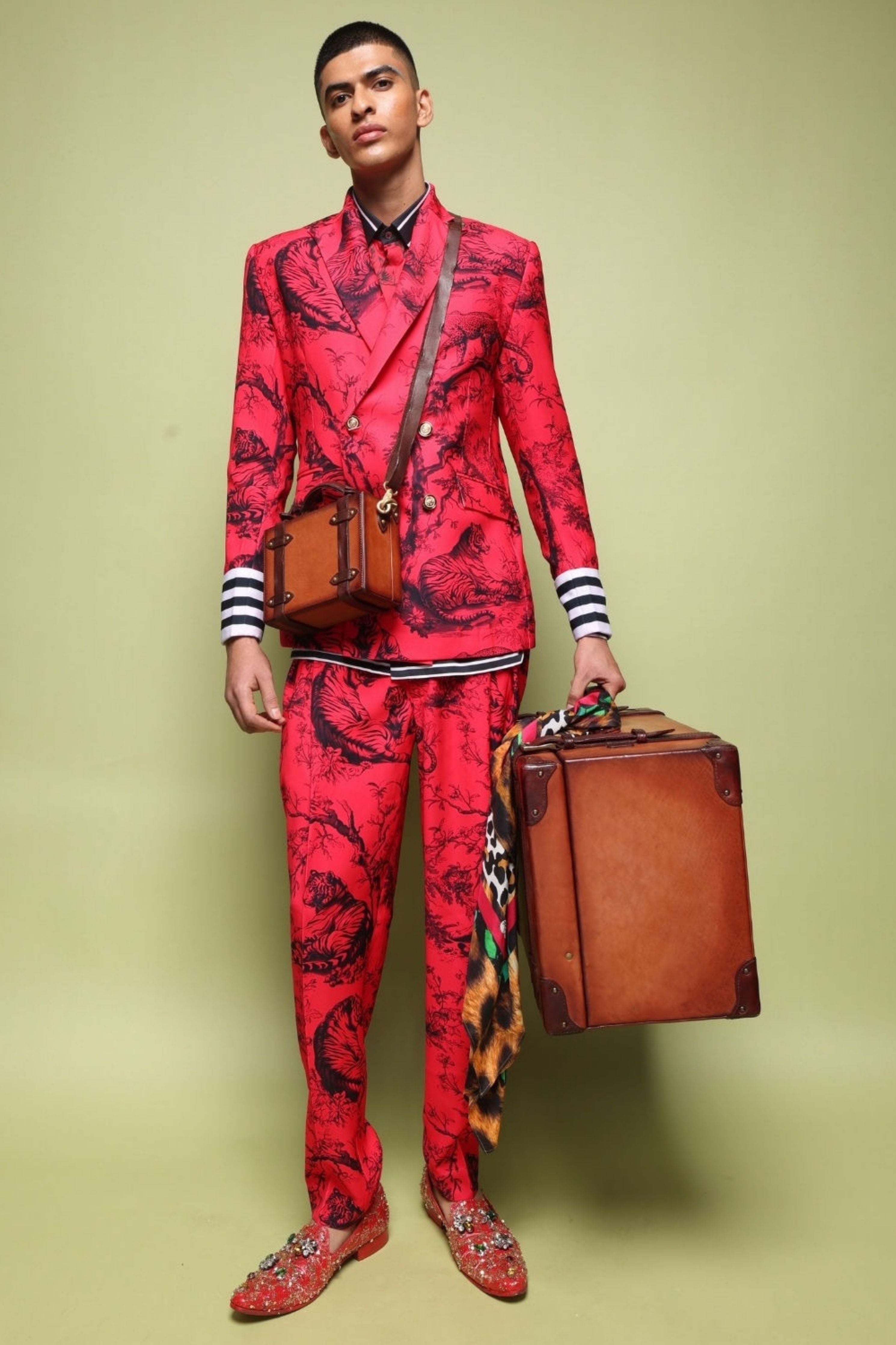 Juoy Red Double Breasted Printed Blazer