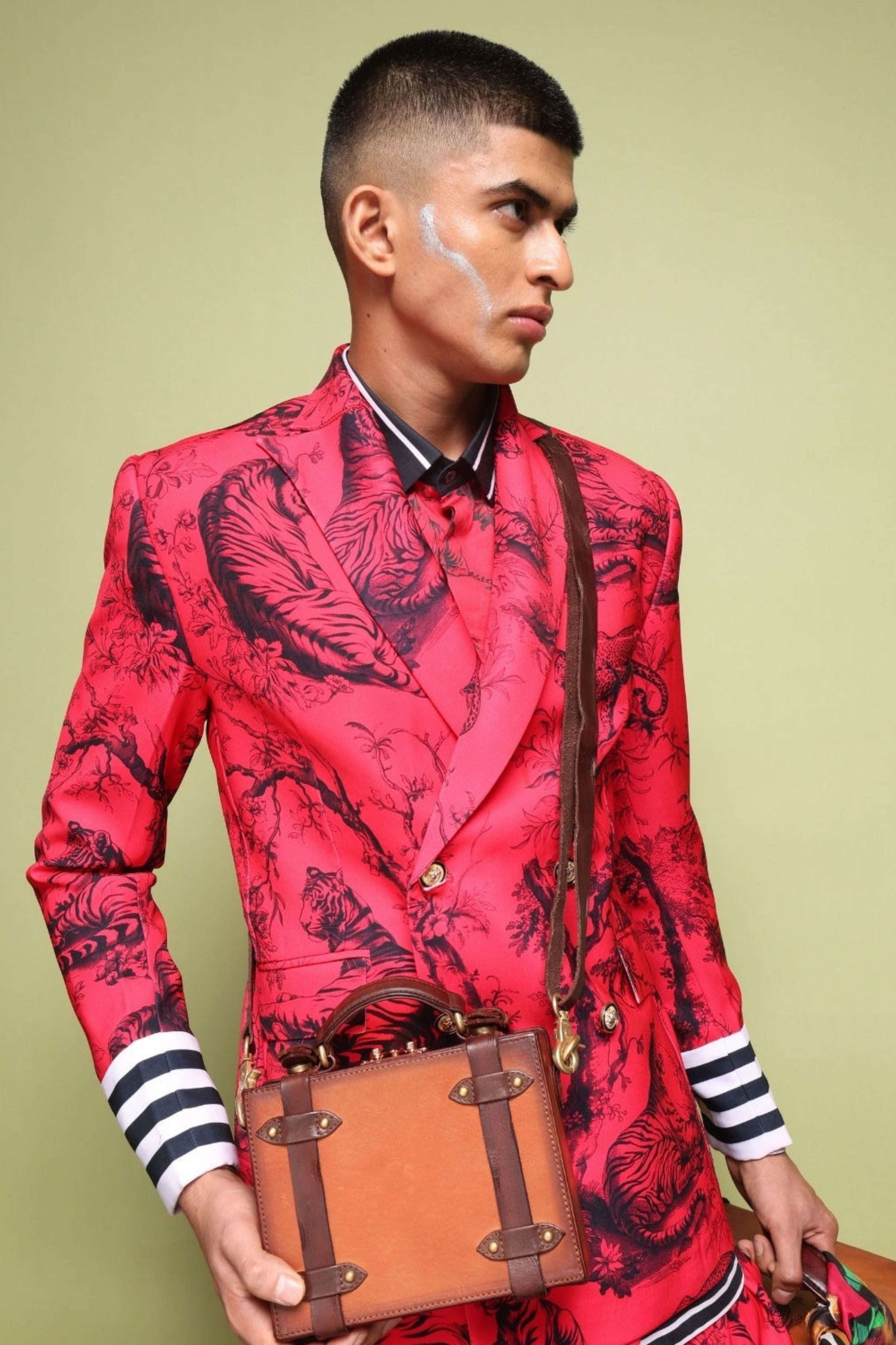 Juoy Red Double Breasted Printed Blazer