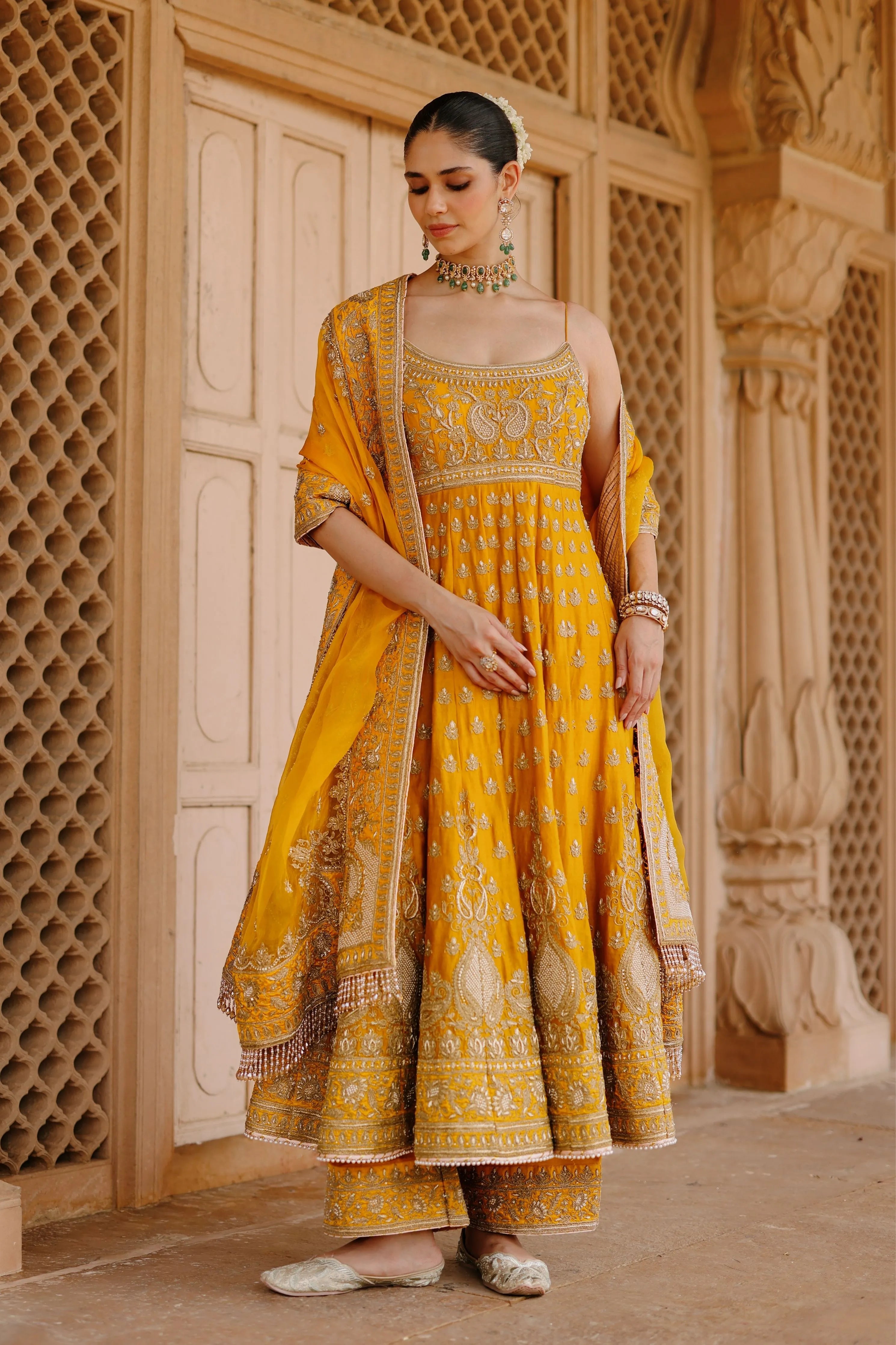 Afraa Mustard Anarkali Set with Palazzo & Dupatta