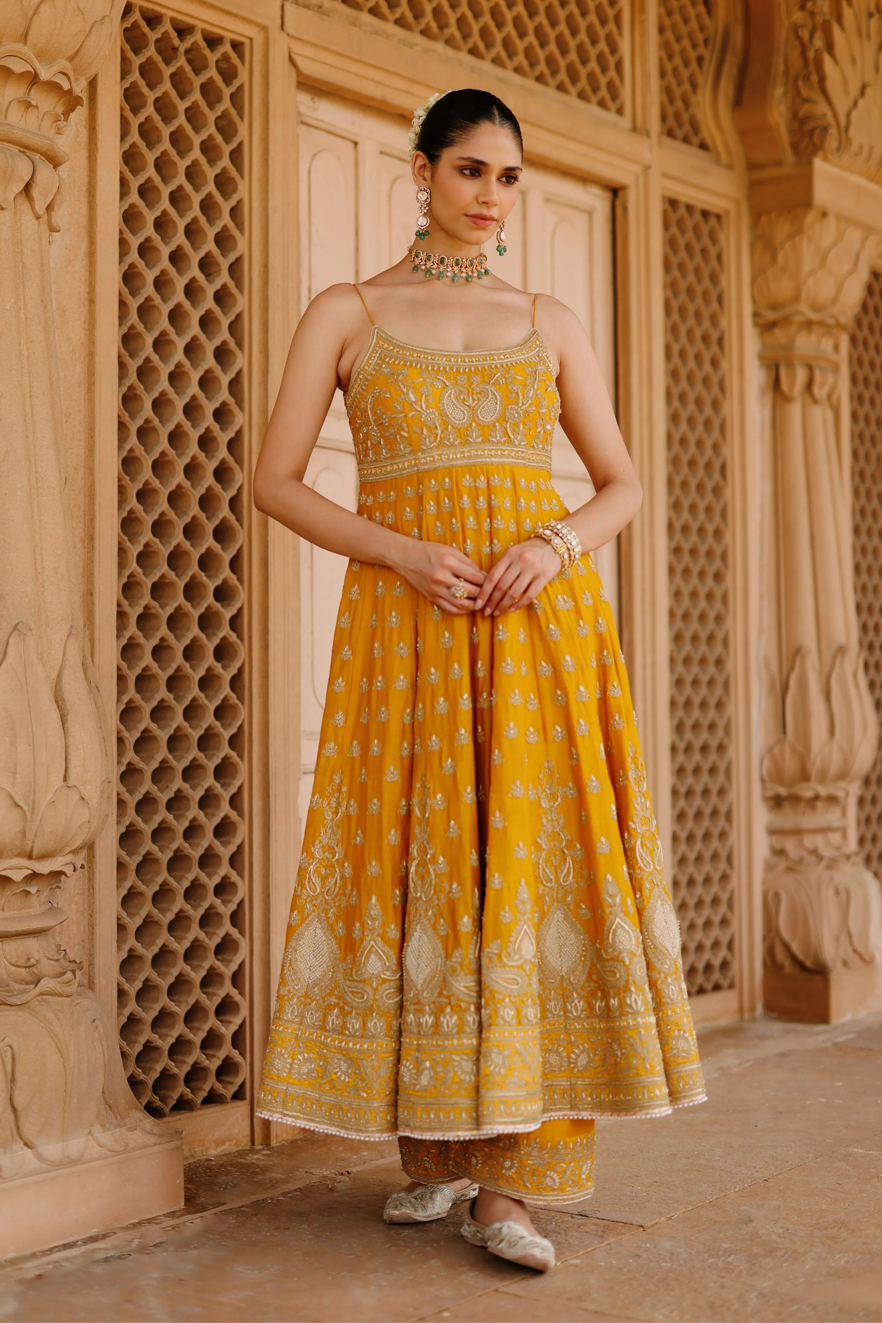 Afraa Mustard Anarkali Set with Palazzo & Dupatta