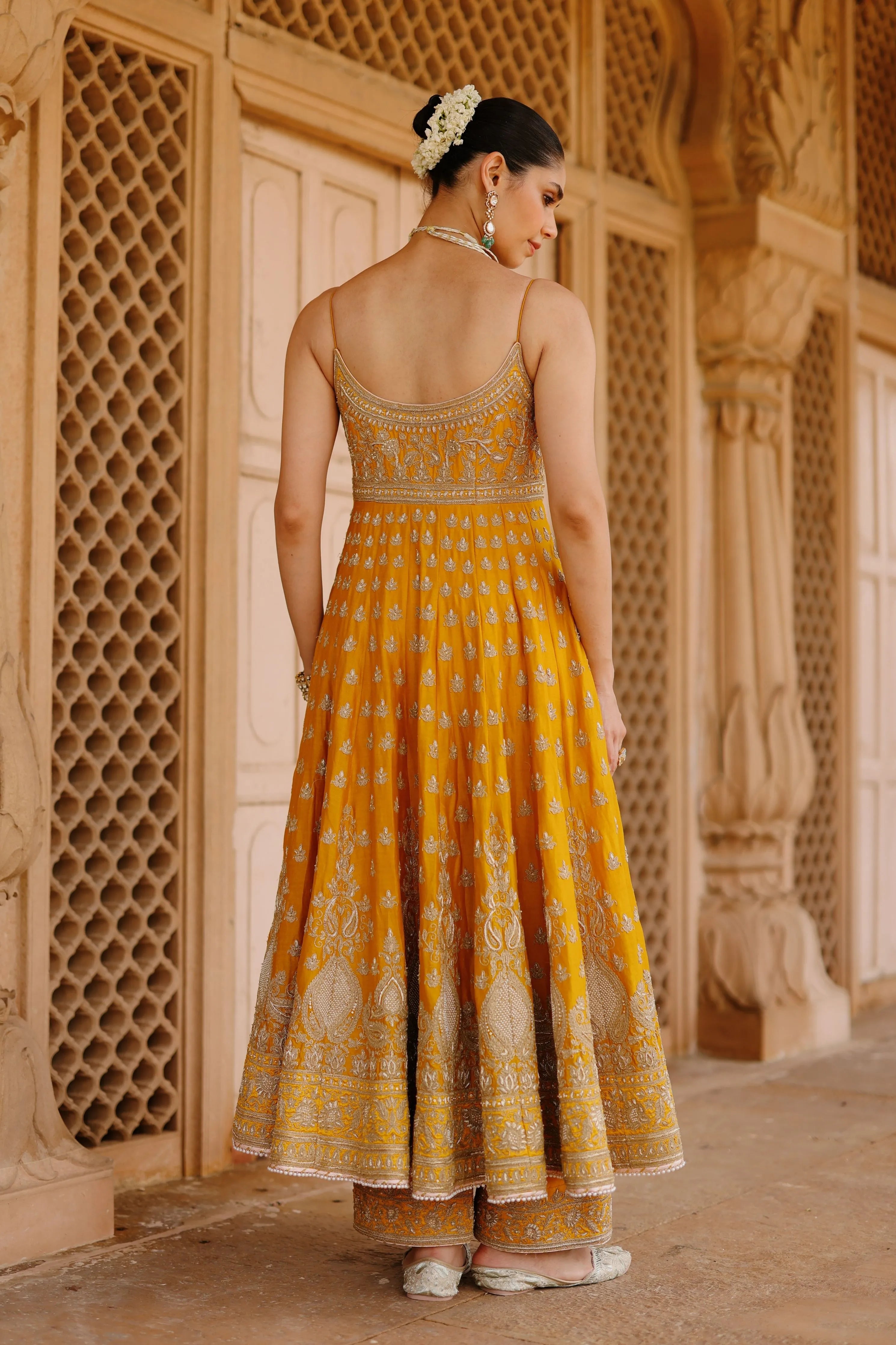 Afraa Mustard Anarkali Set with Palazzo & Dupatta
