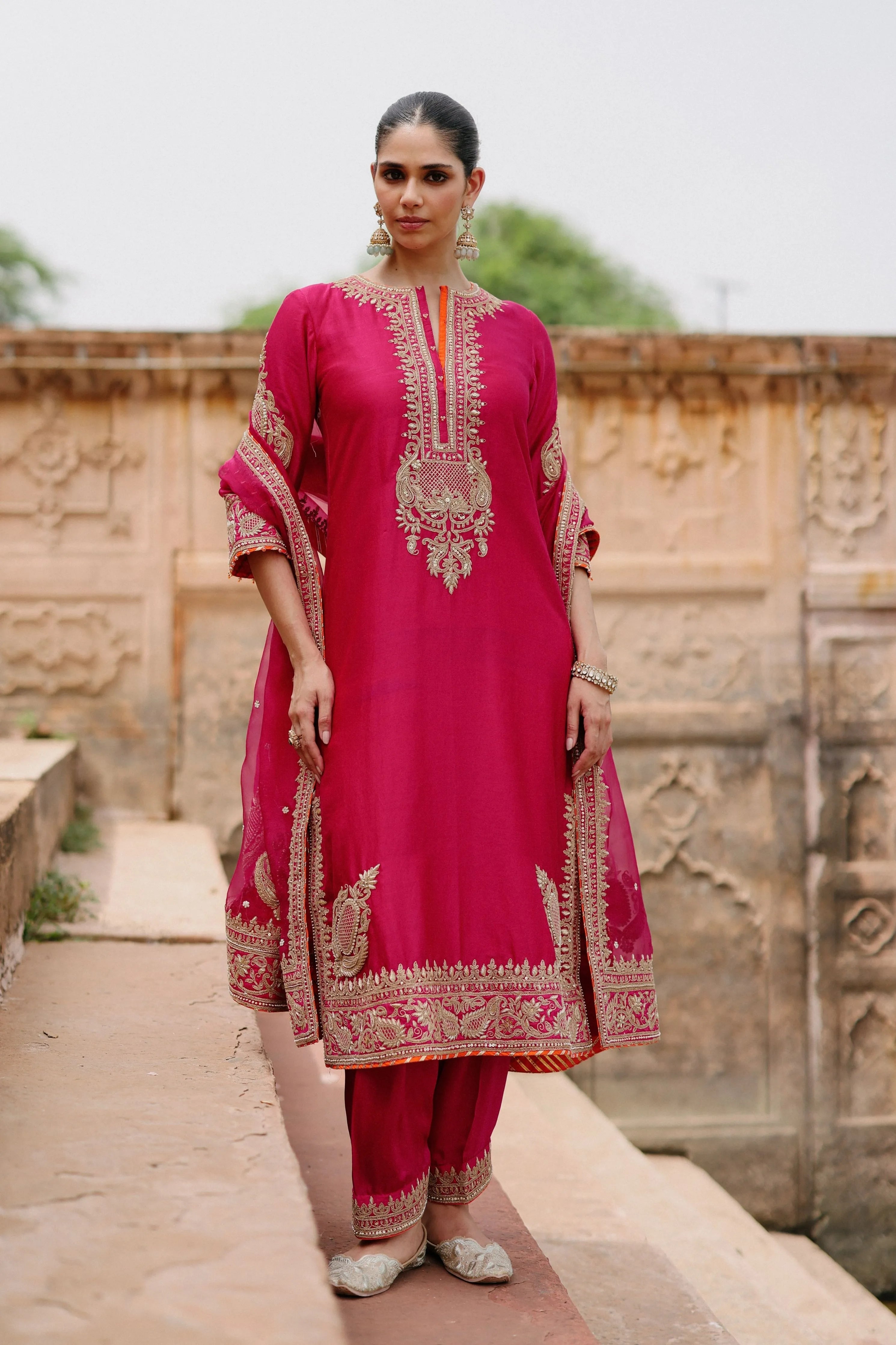 Arwa Hot Pink Long Kurta Set with Salwar & Dupatta