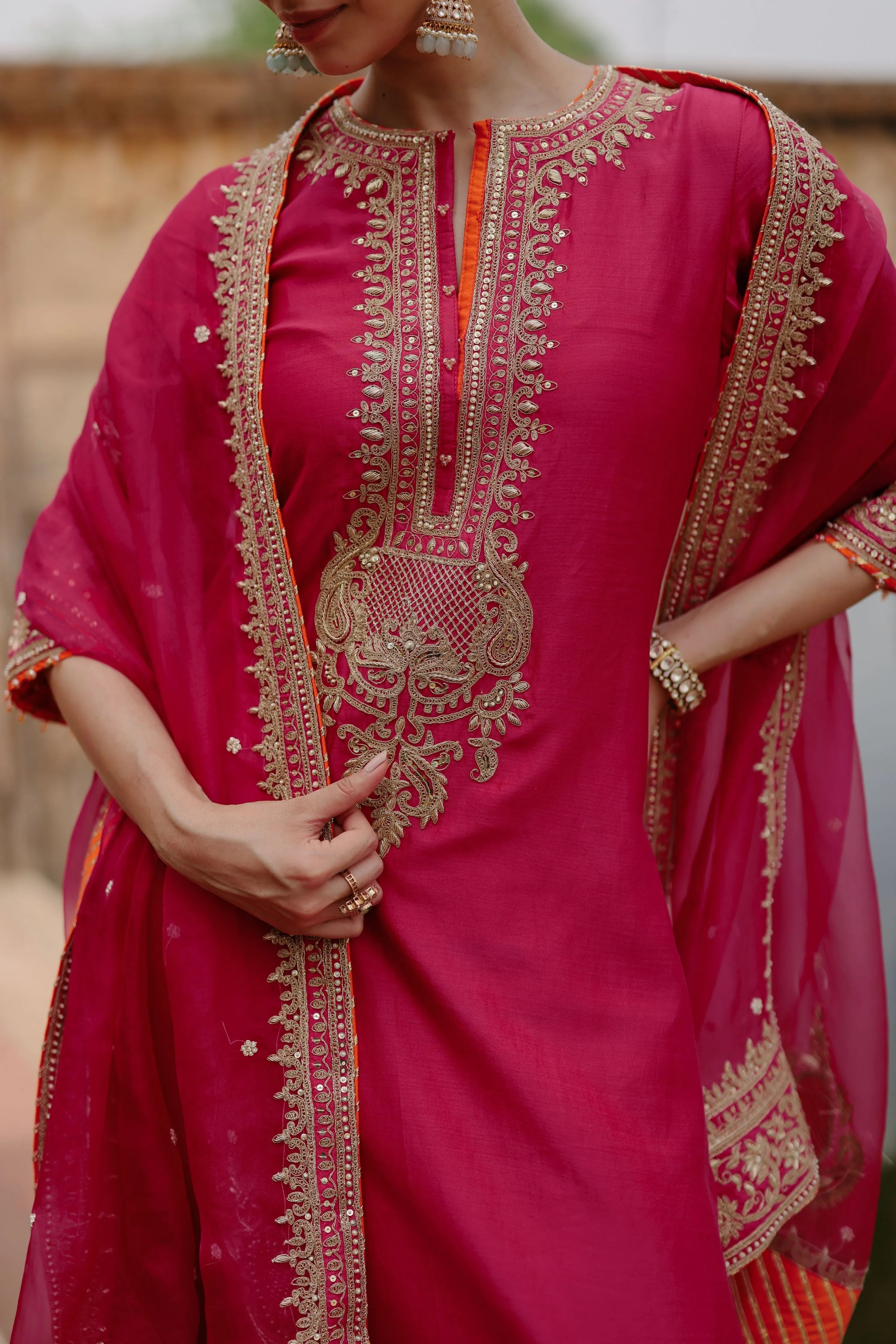 Arwa Hot Pink Long Kurta Set with Salwar & Dupatta