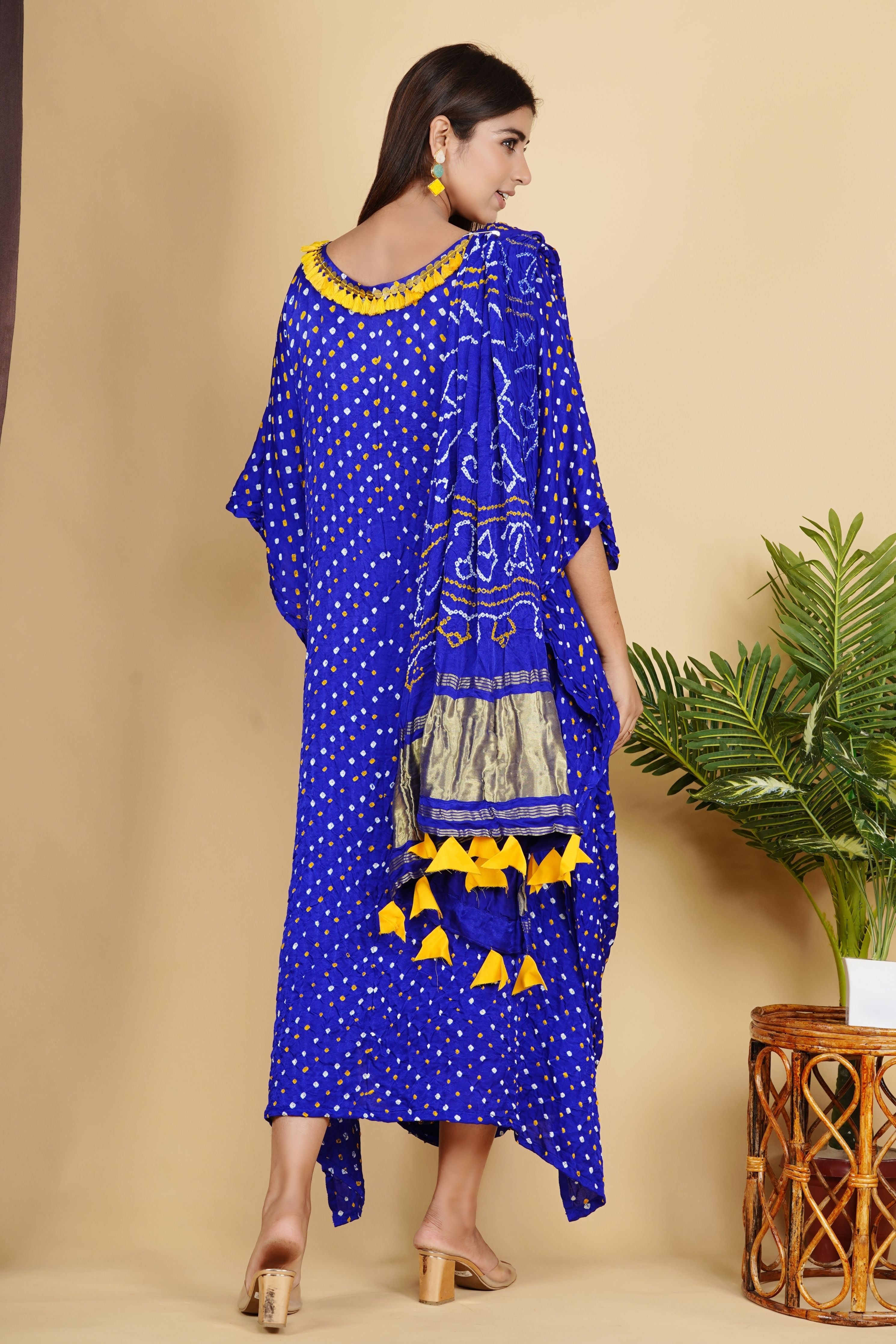 Gajji Silk Dotted Drape Kaftan Blue Bandhej