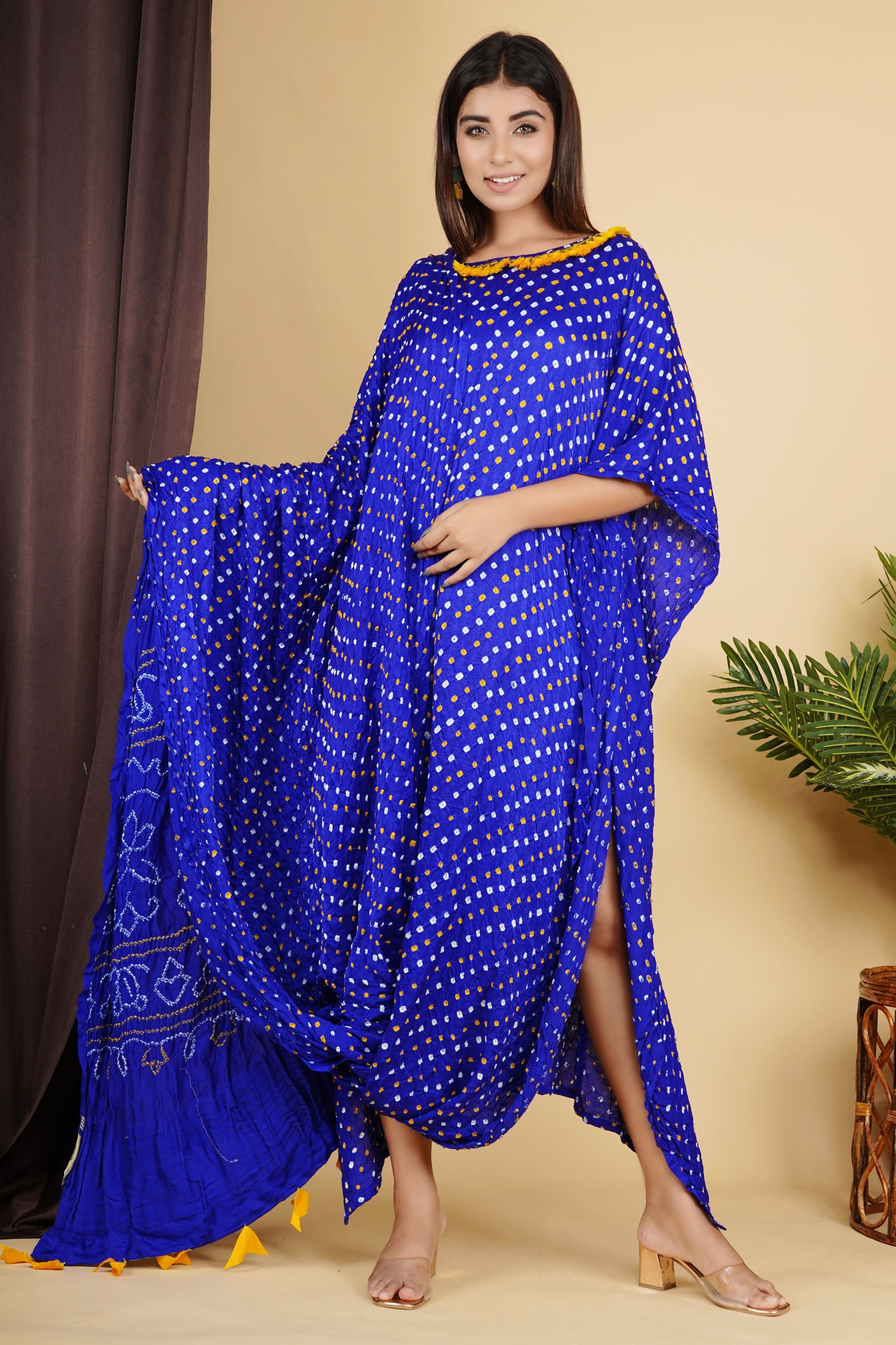 Gajji Silk Dotted Drape Kaftan Blue Bandhej