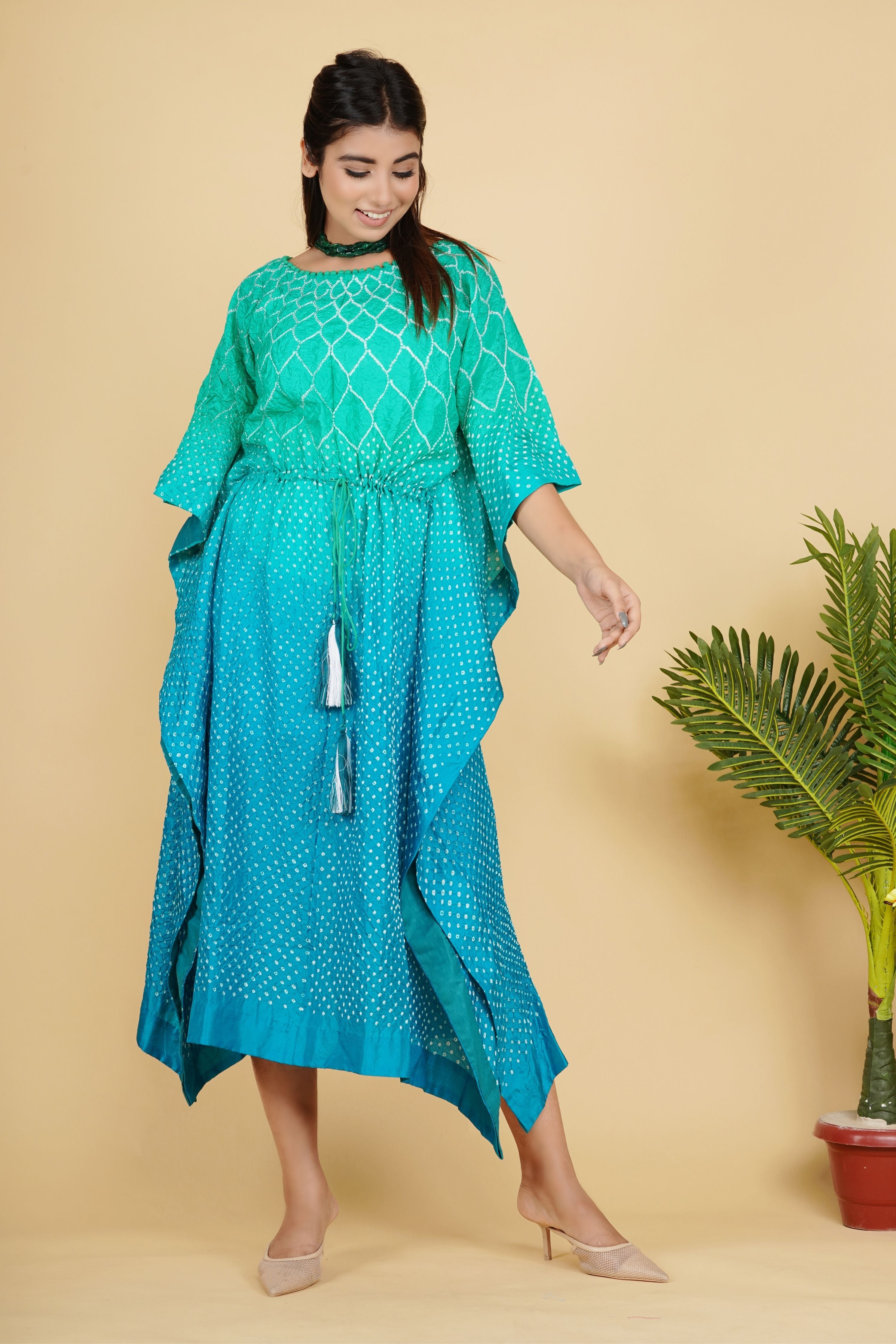 Banglori Silk Green Shaded Bandhej Kaftan