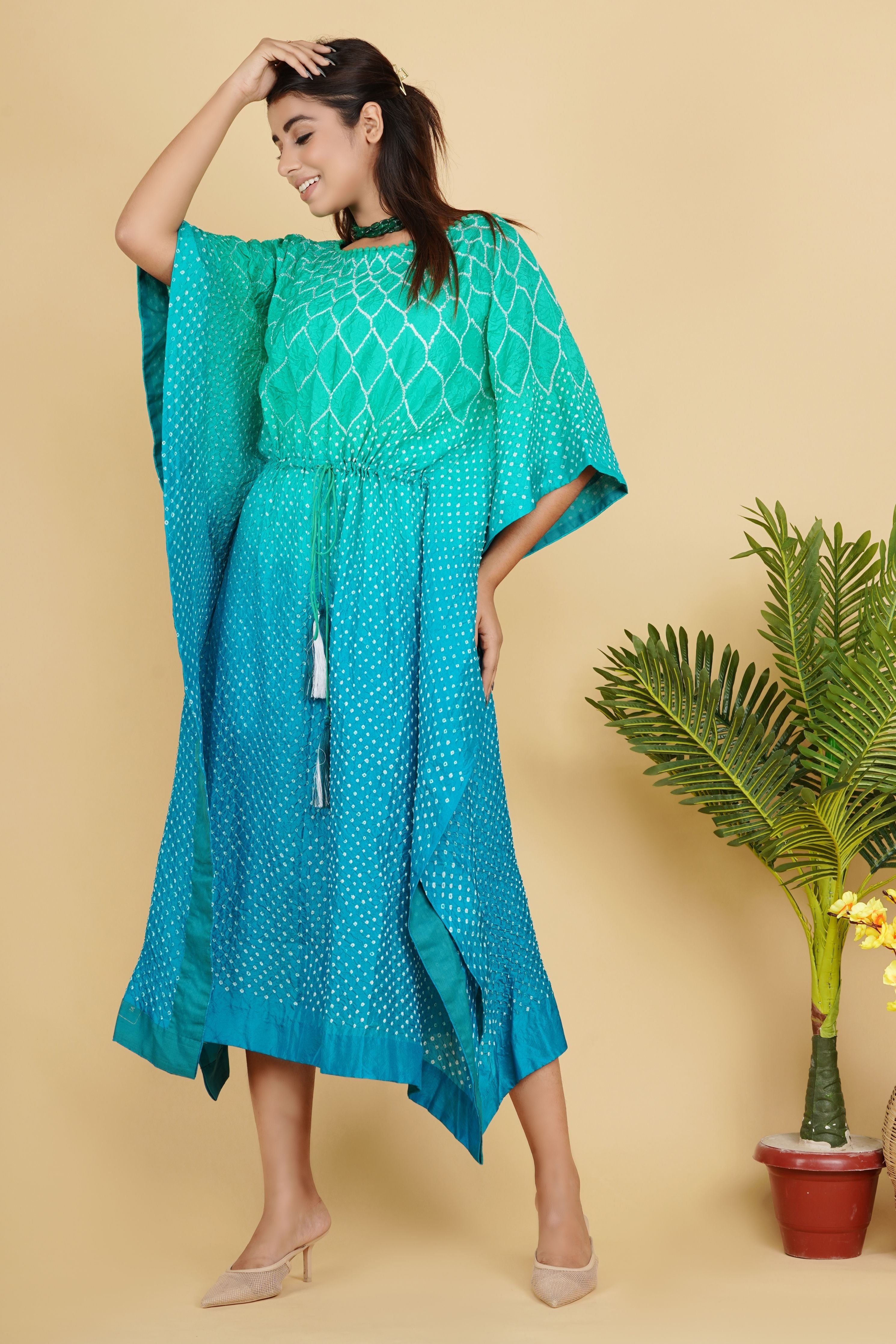 Banglori Silk Green Shaded Bandhej Kaftan