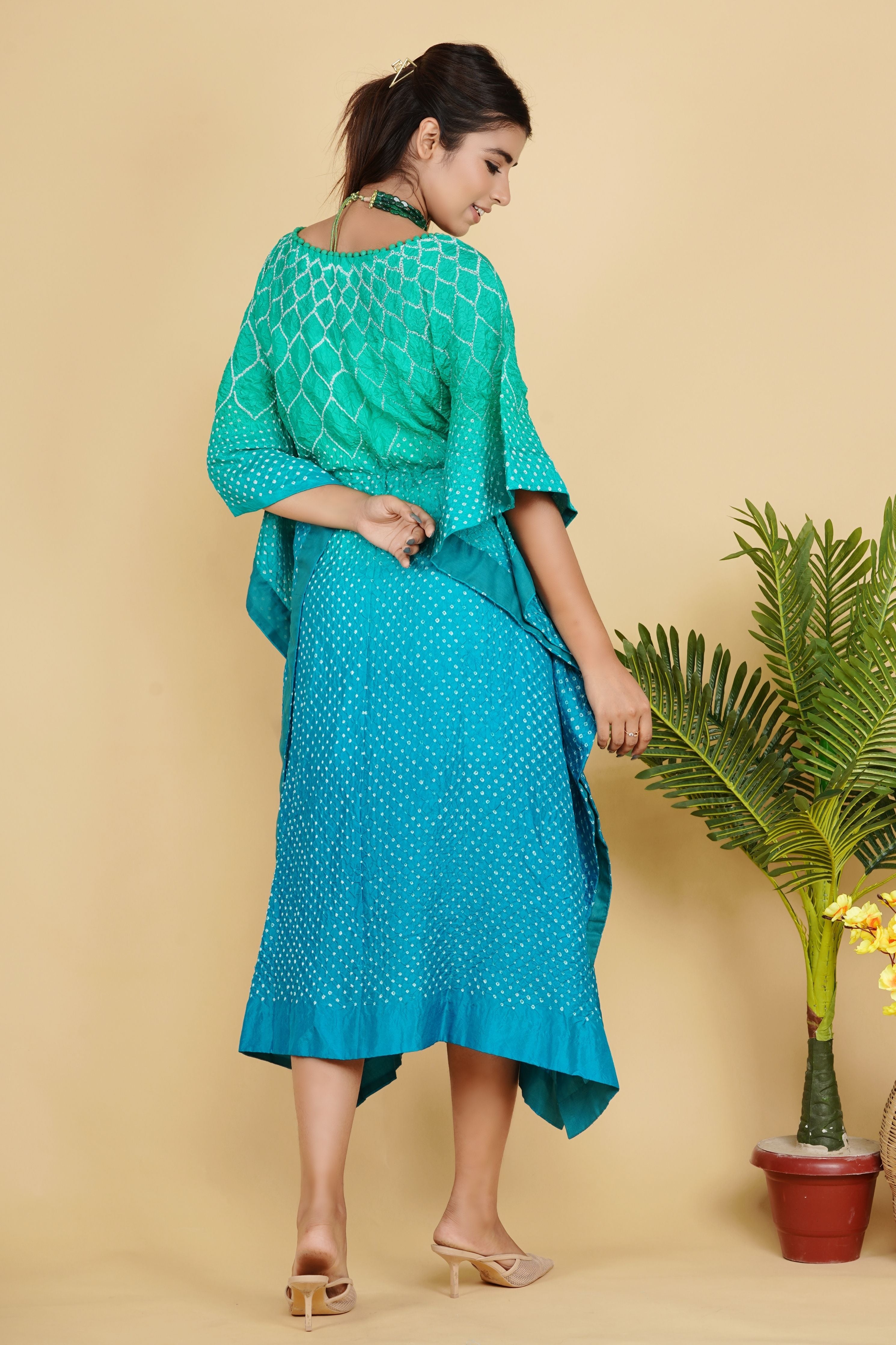 Banglori Silk Green Shaded Bandhej Kaftan