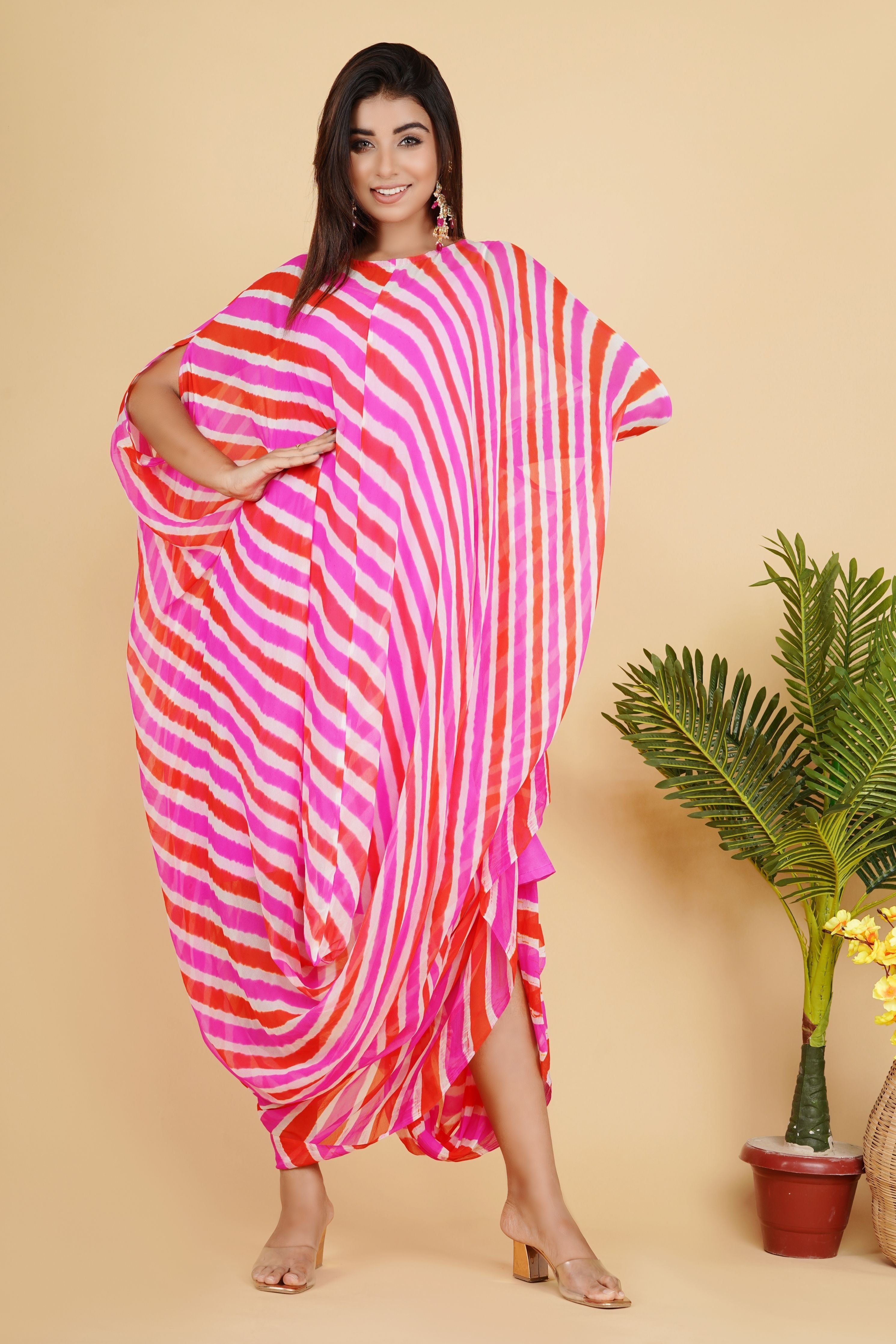 Georgette Cowl Dress Pink Shaded Leheriya