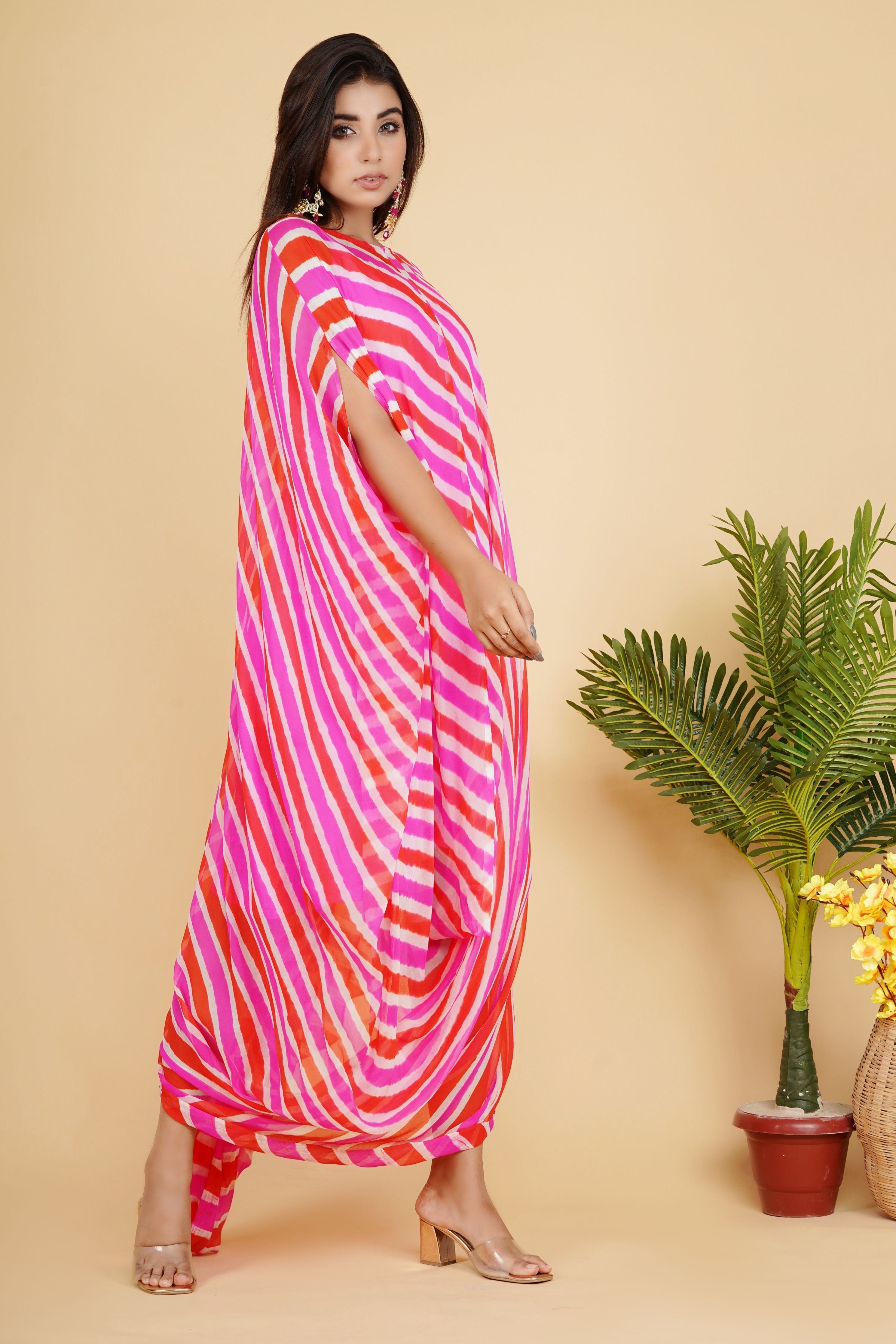 Georgette Cowl Dress Pink Shaded Leheriya