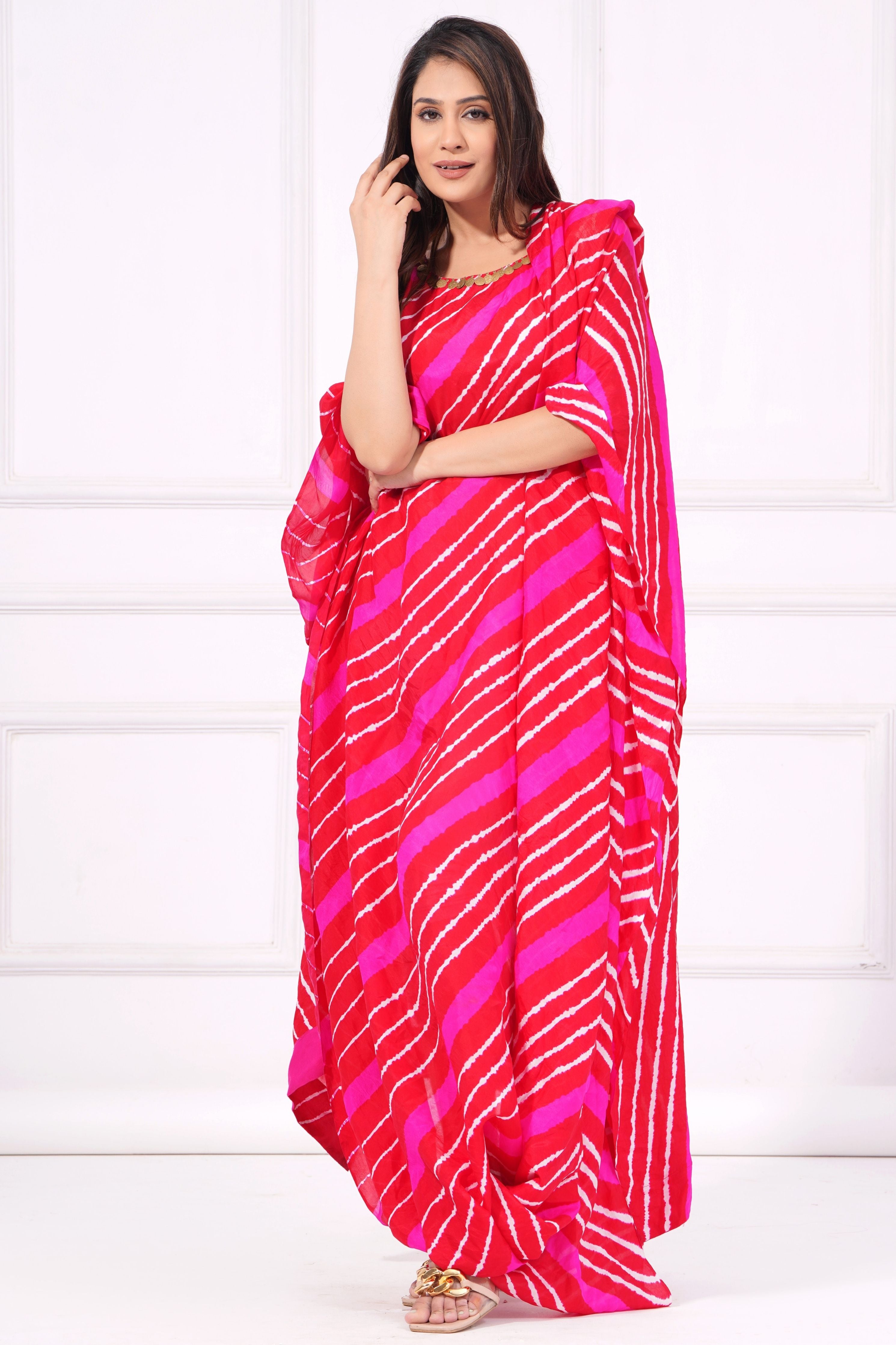 Red Rani Leheriya Drape Kaftan With Handwork
