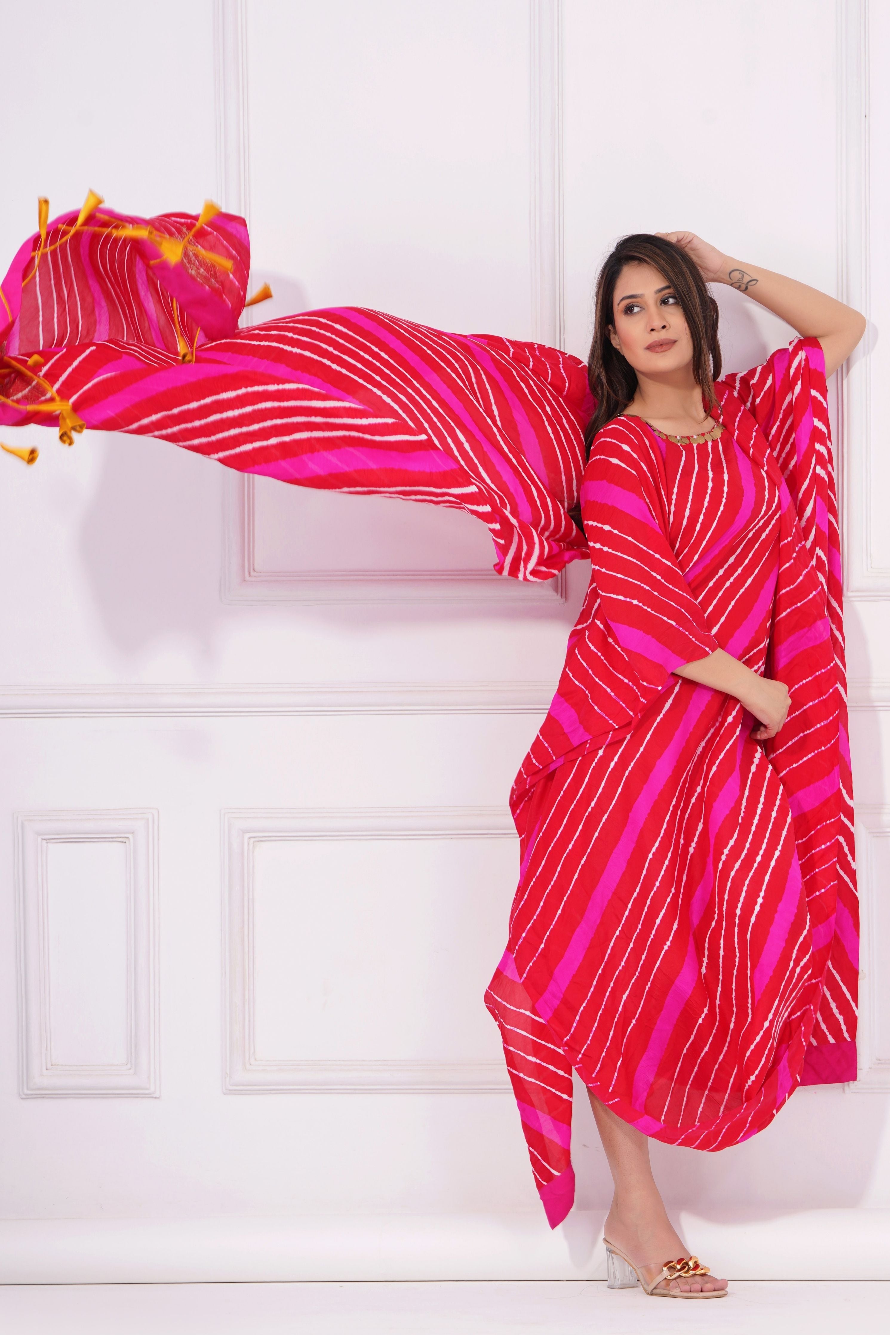 Red Rani Leheriya Drape Kaftan With Handwork