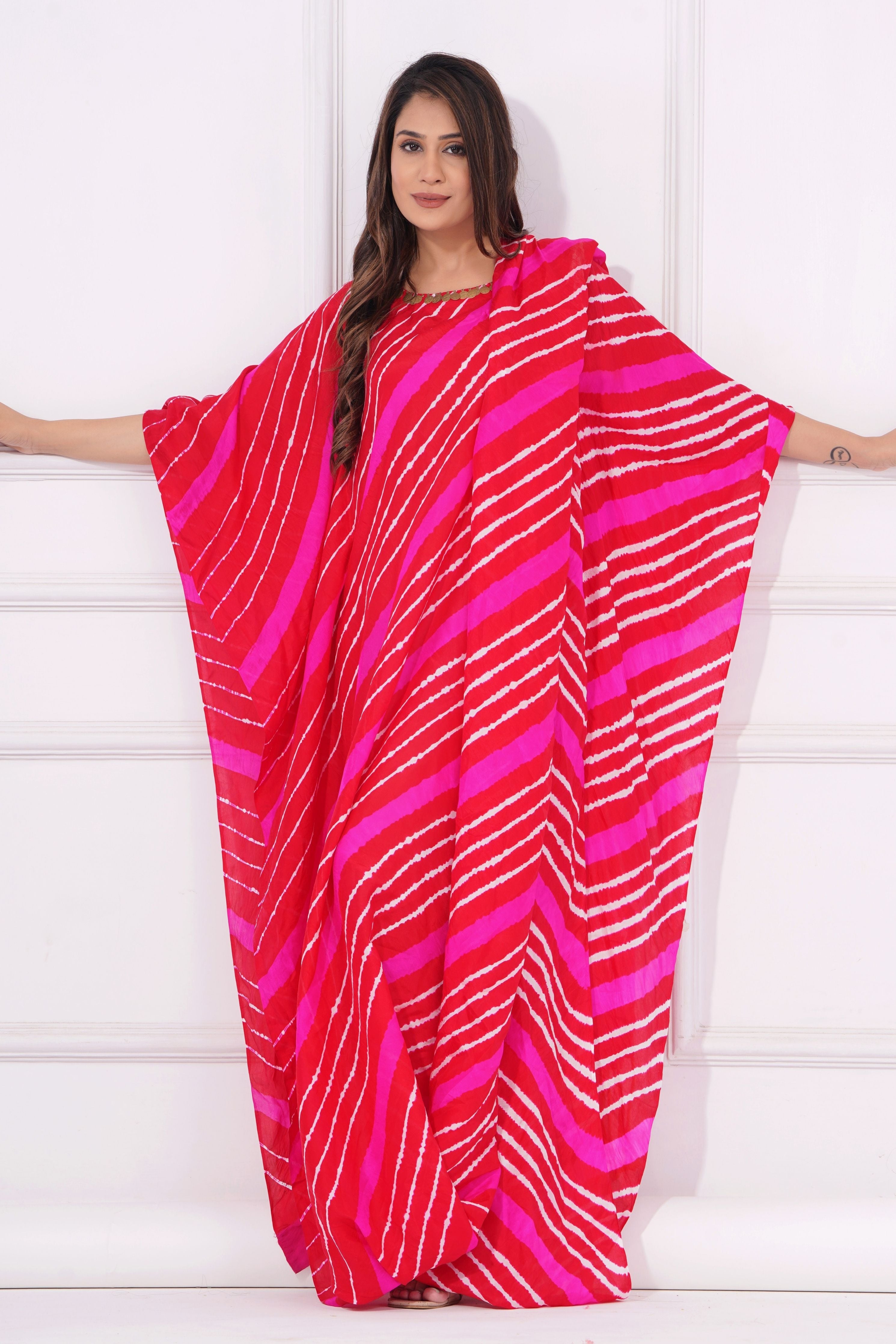 Red Rani Leheriya Drape Kaftan With Handwork