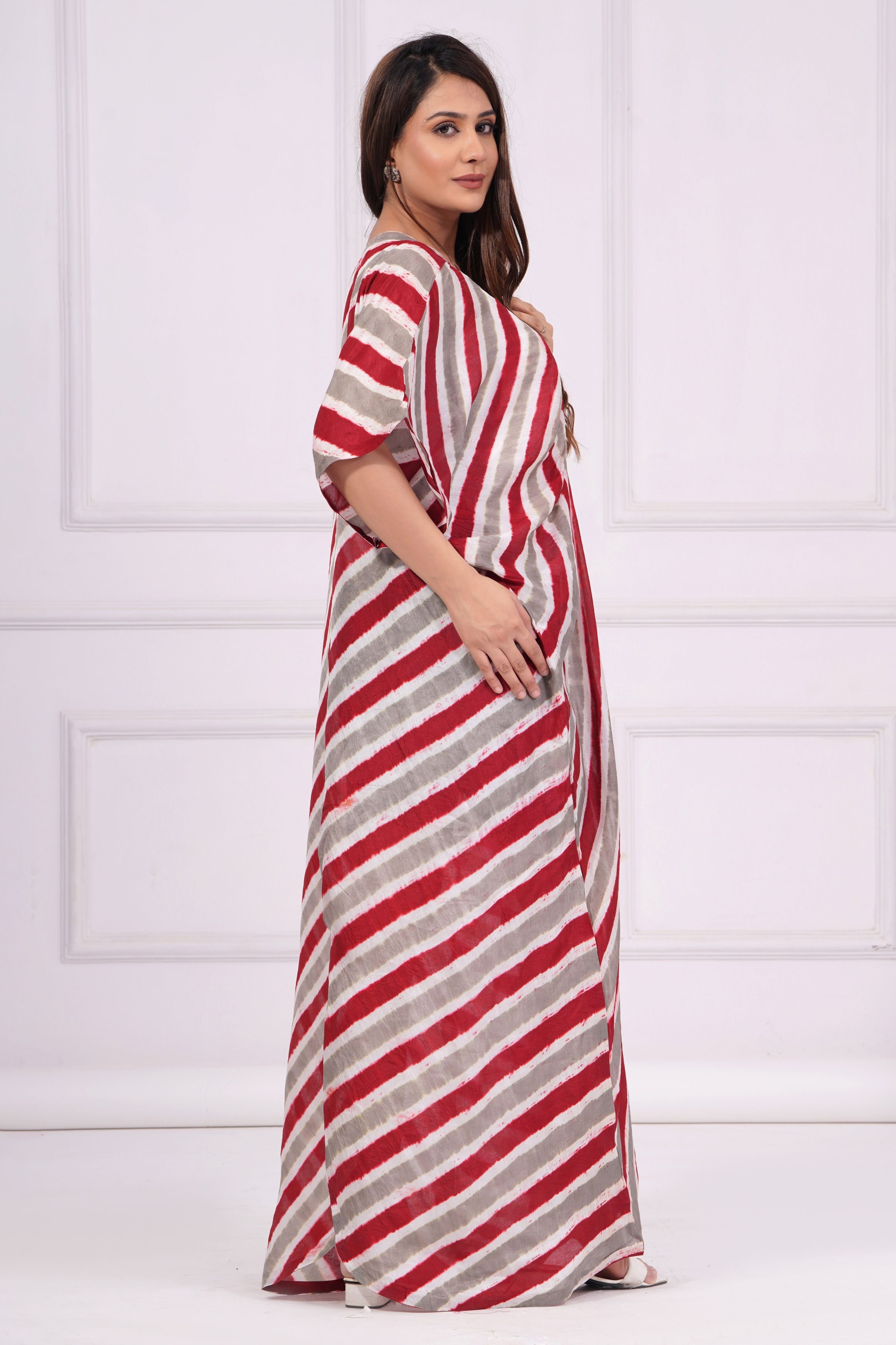 Red Grey Leheriya Gathered Kaftan