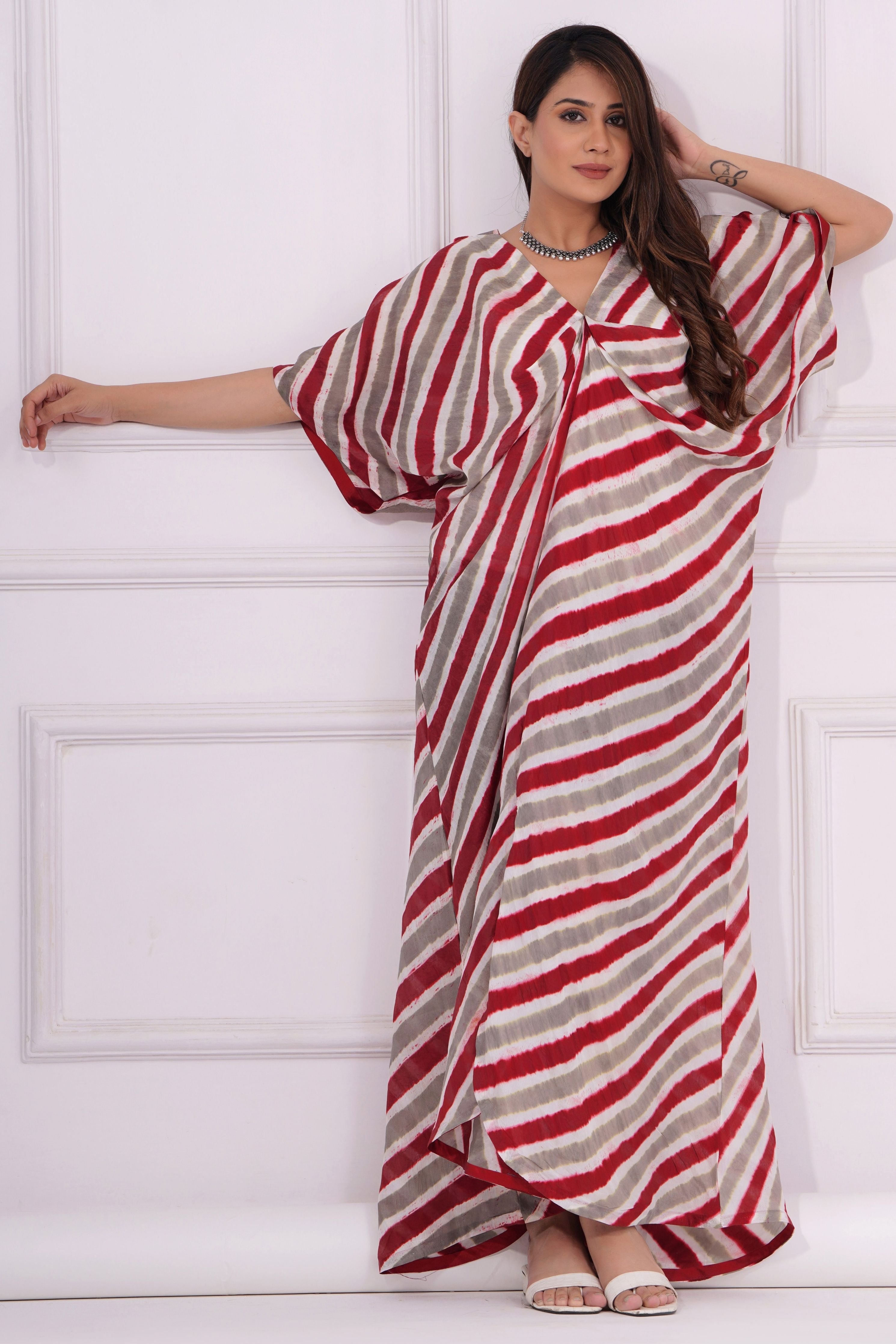 Red Grey Leheriya Gathered Kaftan