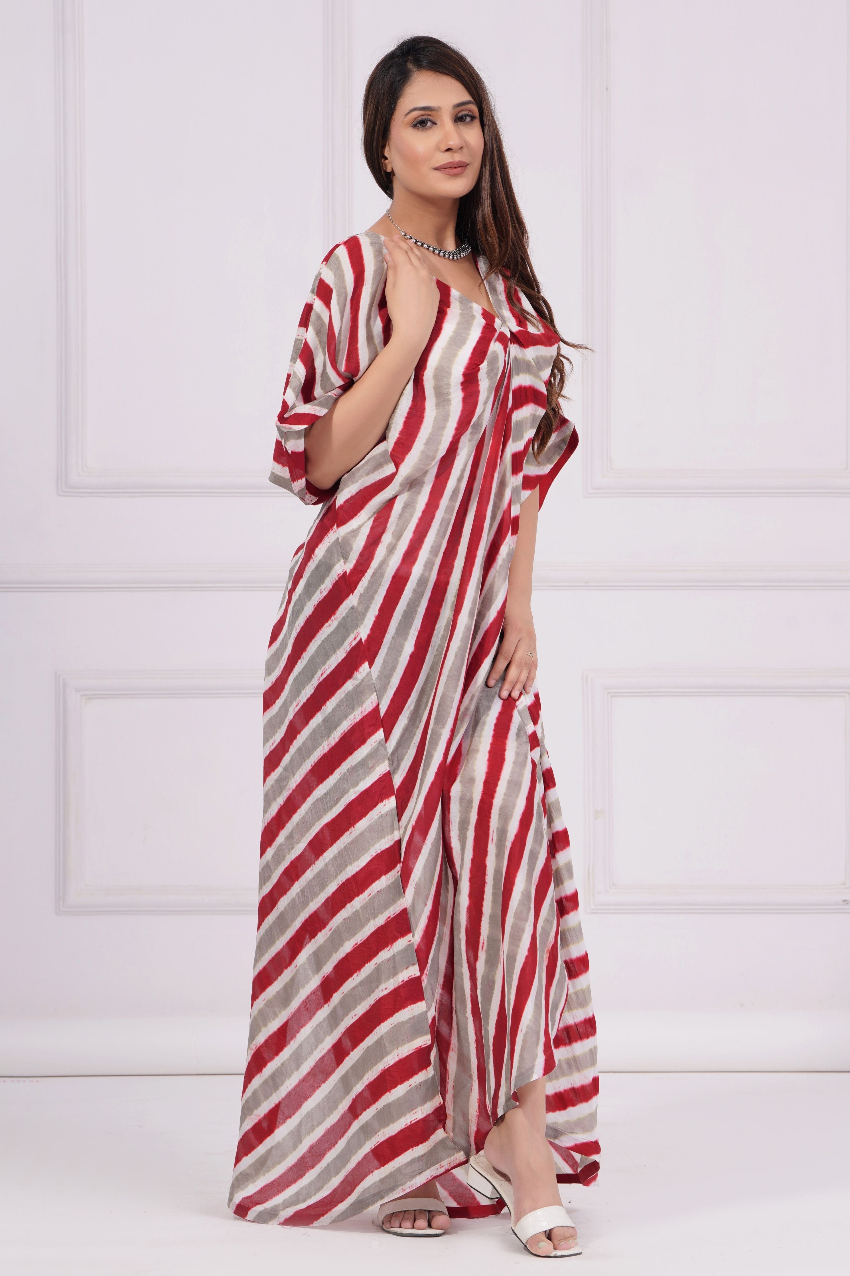 Red Grey Leheriya Gathered Kaftan