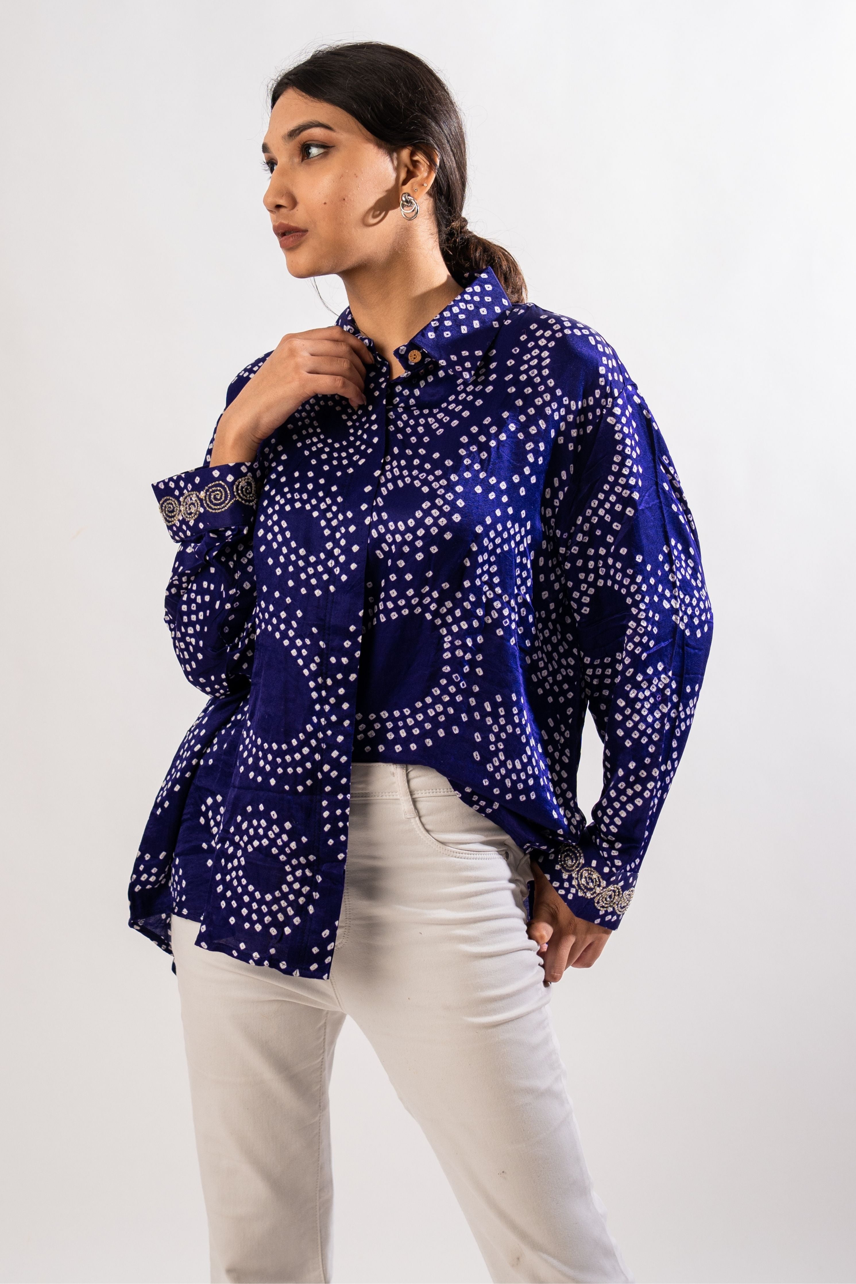 Gajji Silk Navy Blue Round Bandhani Shirt With Handwork