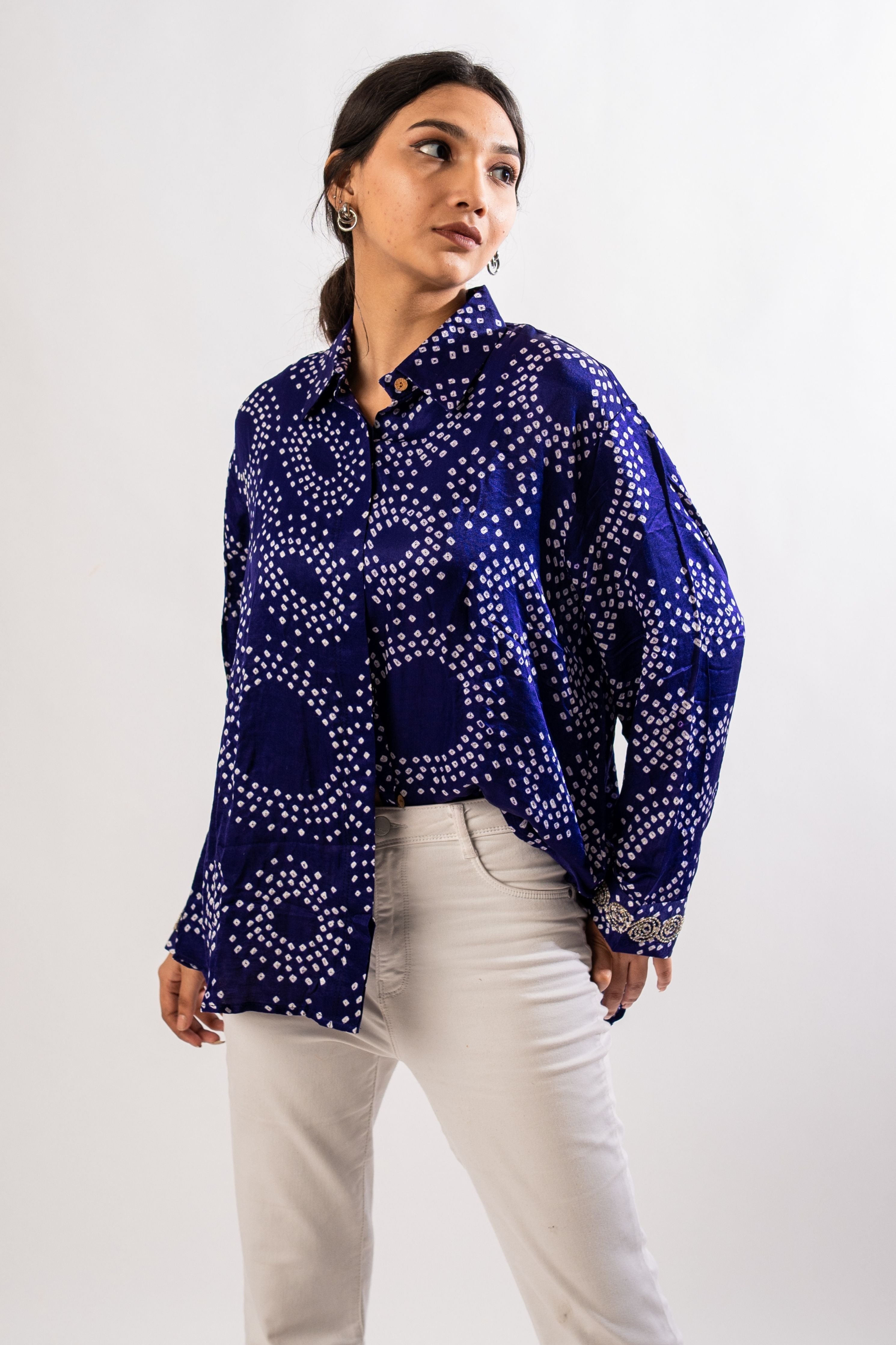 Gajji Silk Navy Blue Round Bandhani Shirt With Handwork