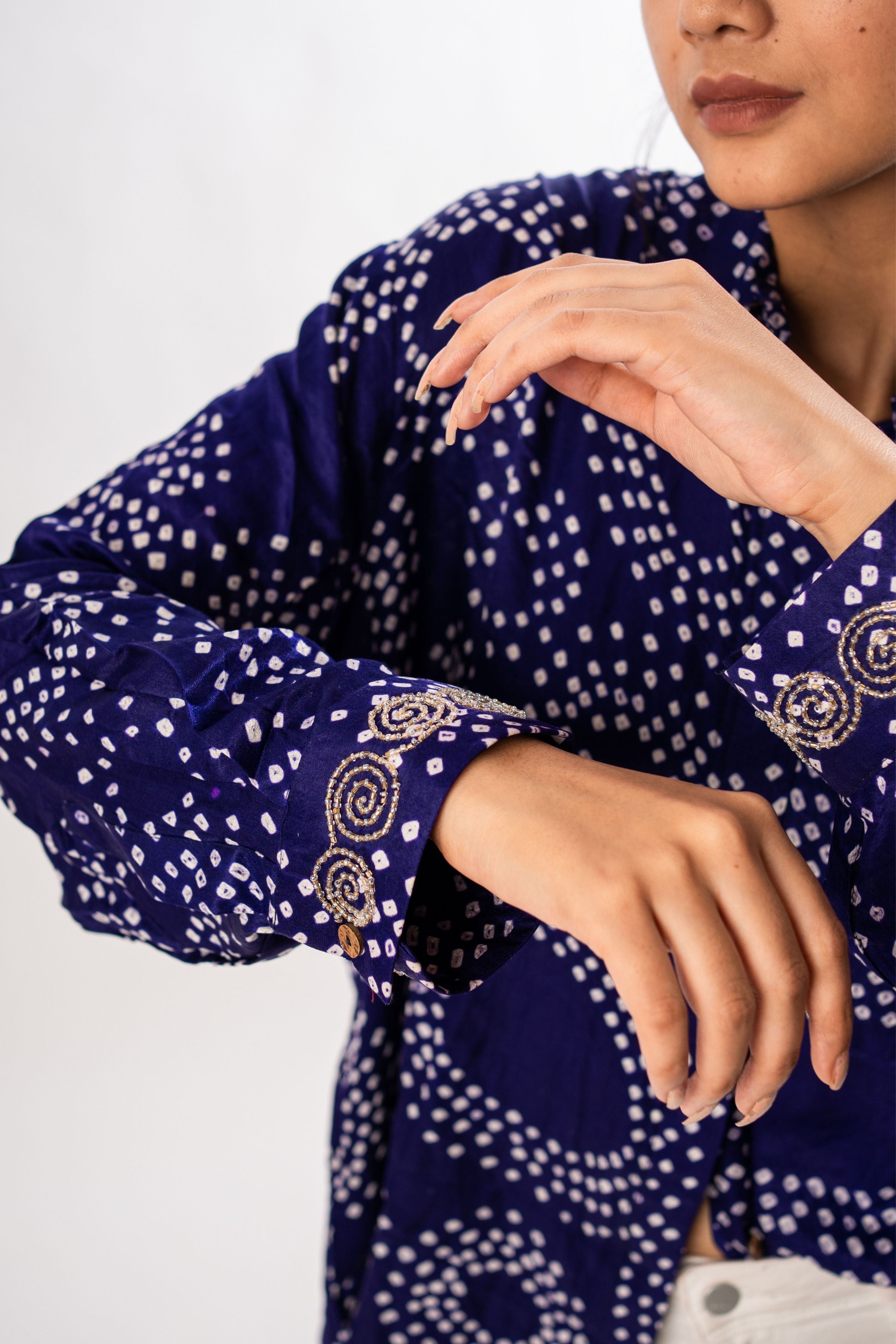 Gajji Silk Navy Blue Round Bandhani Shirt With Handwork