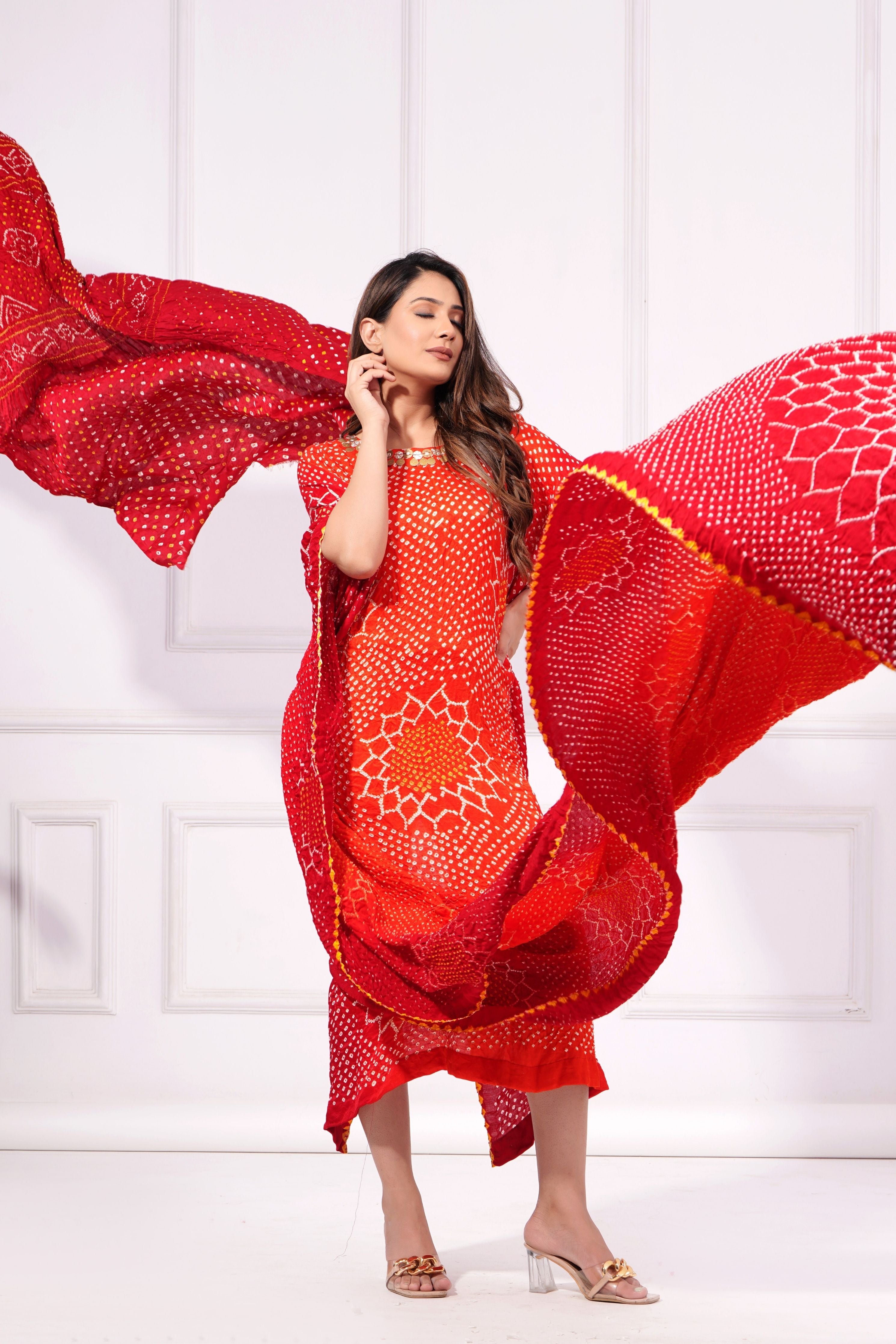 Sunflower Red Orange Bandhani Drape Kaftan