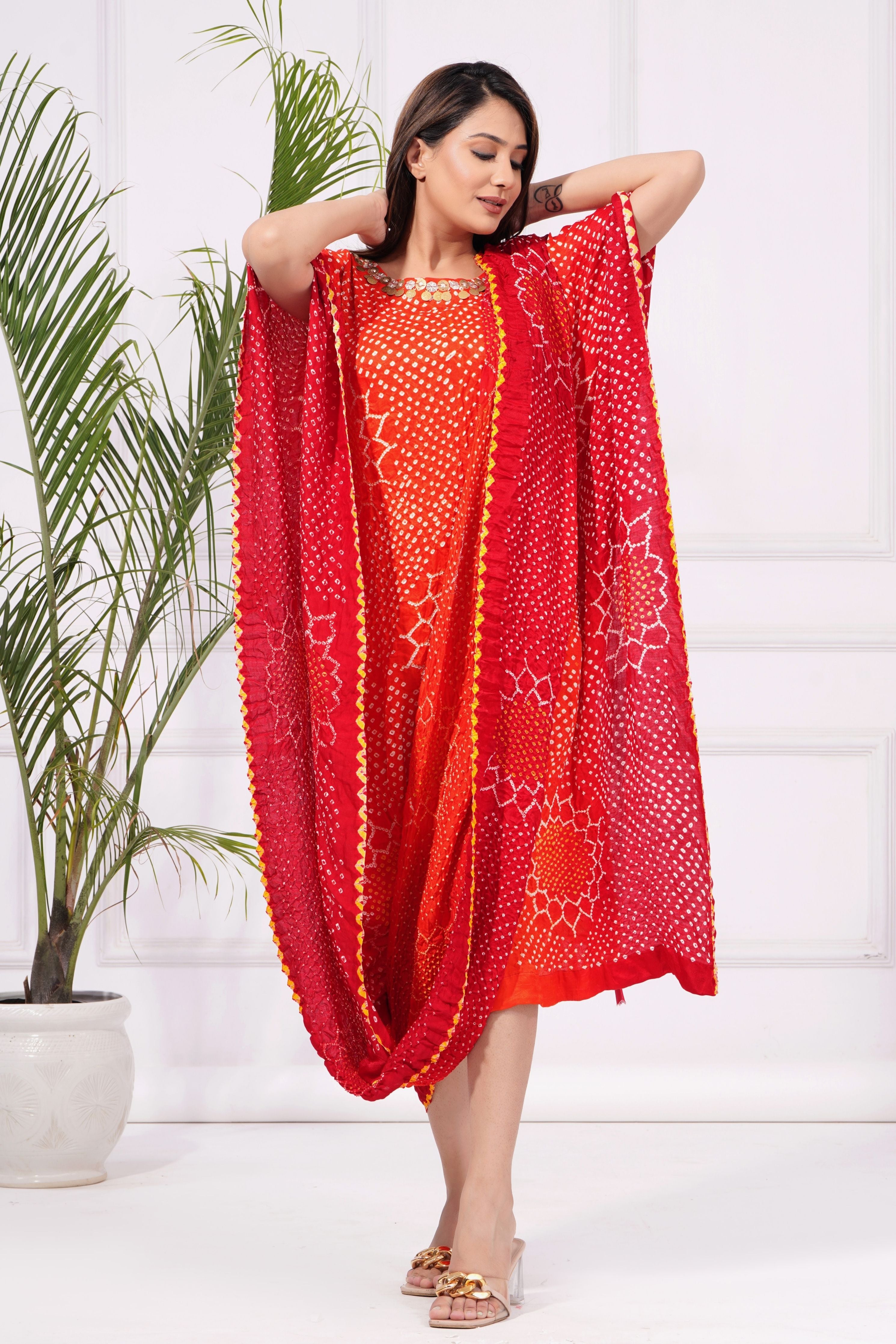 Sunflower Red Orange Bandhani Drape Kaftan