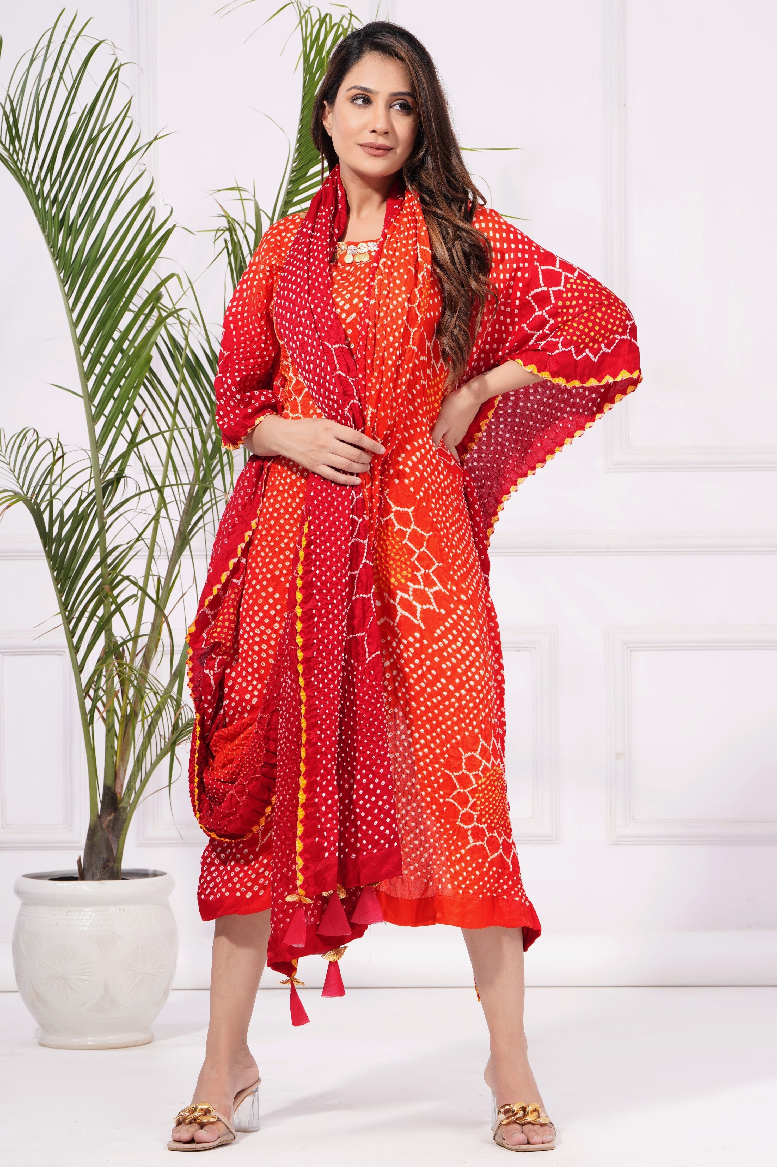 Sunflower Red Orange Bandhani Drape Kaftan