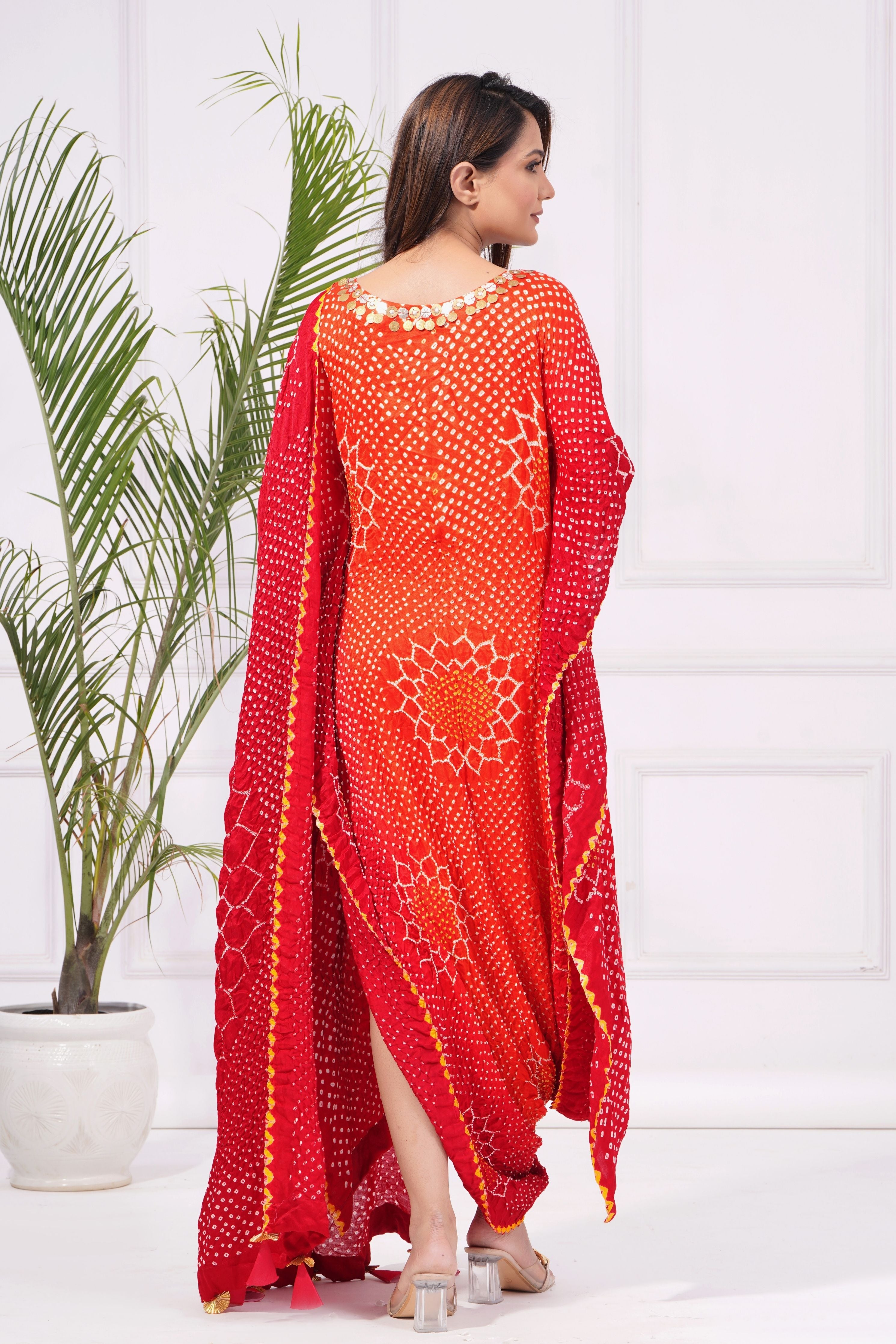 Sunflower Red Orange Bandhani Drape Kaftan